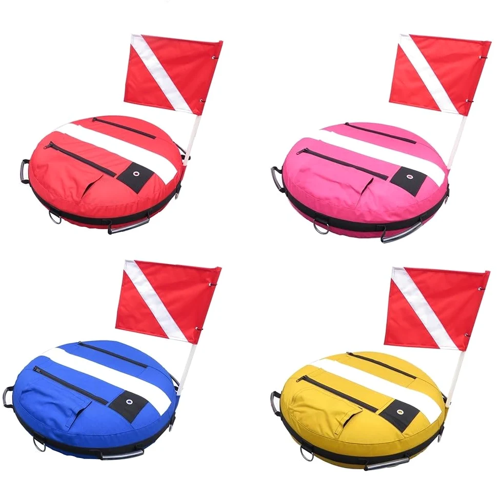 Boya de seguridad inflable para buceo libre y buceo con nailon recubierto, válvula de alivio de sobrepresión y cinco anillos de fijación de acero inoxidable (rojo)