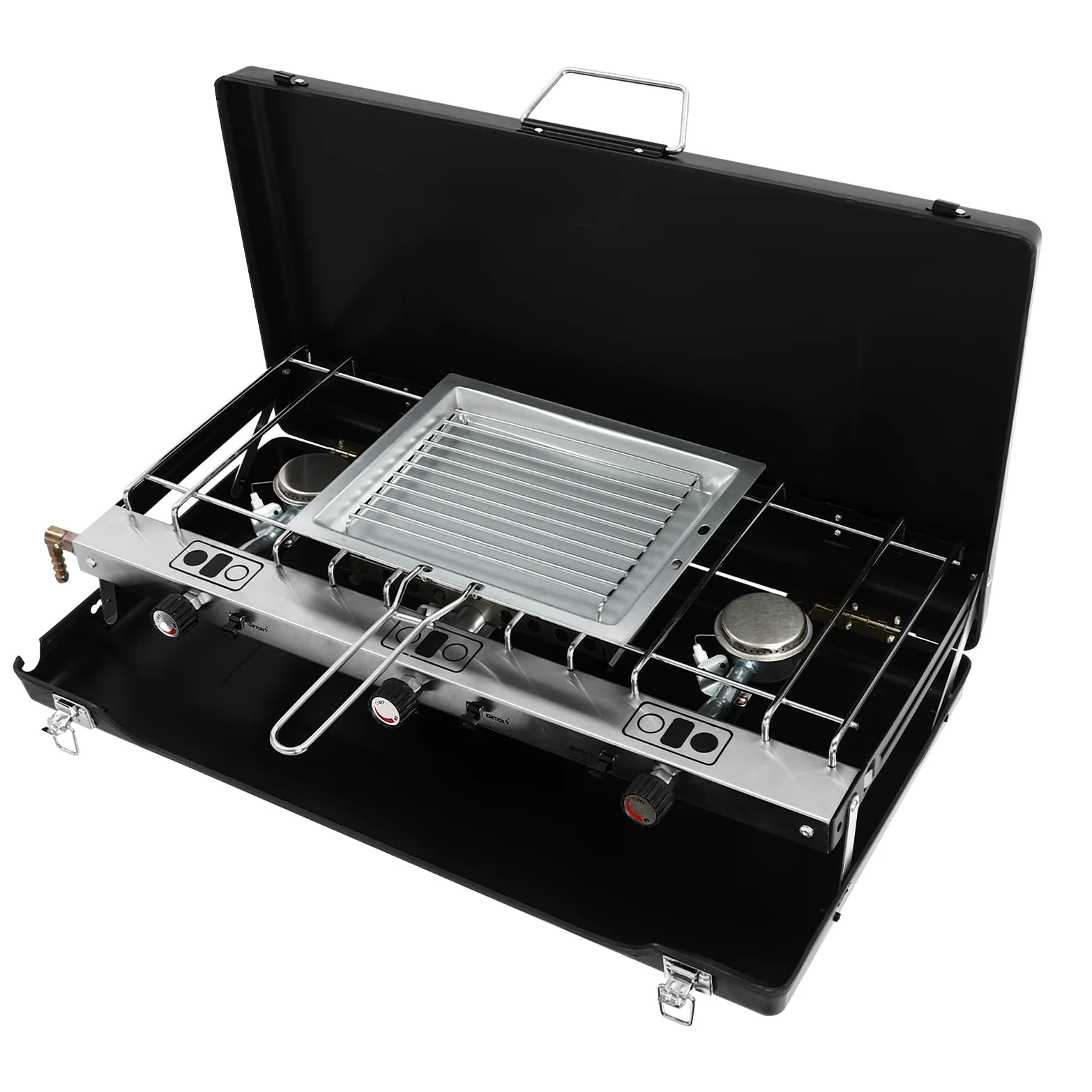 Hornillo de gas para camping de 4,5 kw, encendido piezoeléctrico con regulador de presión de gas de 65 Mbar, cocina de gas portátil con bolsa de almacenamiento para exteriores