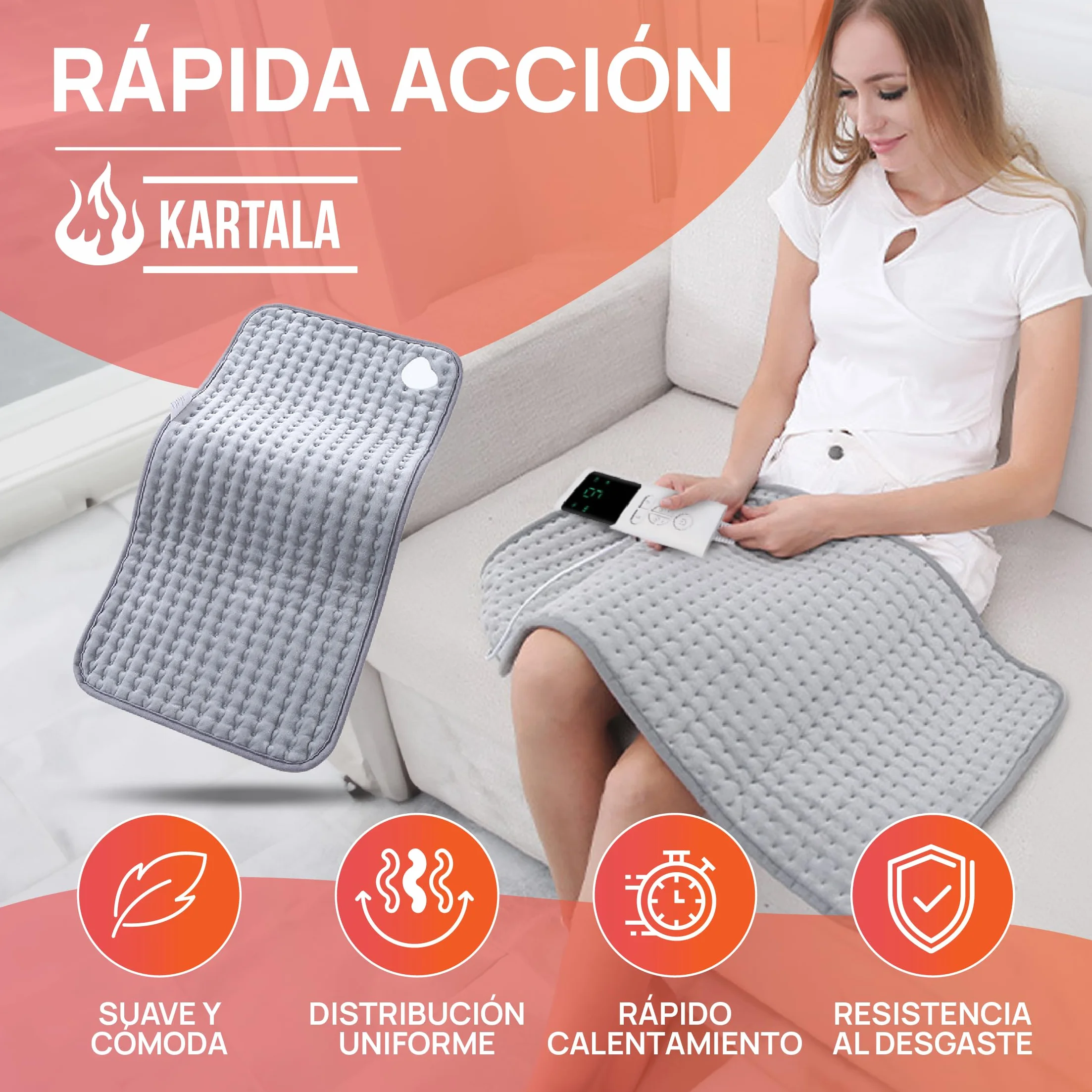 Manta Térmica Lumbar Kartala 30×60 cm con Bolsa, 9 Temperaturas, 4 Temporizadores, Lavable y Portátil