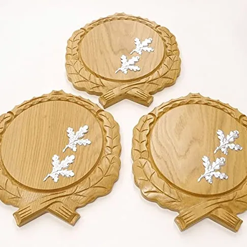 GTK - 3 placas de cuña talladas de roble claro AF 17,5 cm con 6 hojas de aluminio de roble, cubierta para cuñas, tabla de especias, cartel para trofeos