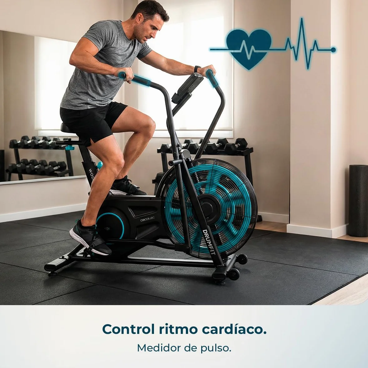 Cecotec Bicicleta de Aire Drumfit WOD Rider 2000 Eolo PRO. Ventilador 480mm, Resistencia Progresiva, Pantalla LCD Completa, Medidor de Pulso Integrado, Compatible APP Mambo, hasta 135kg