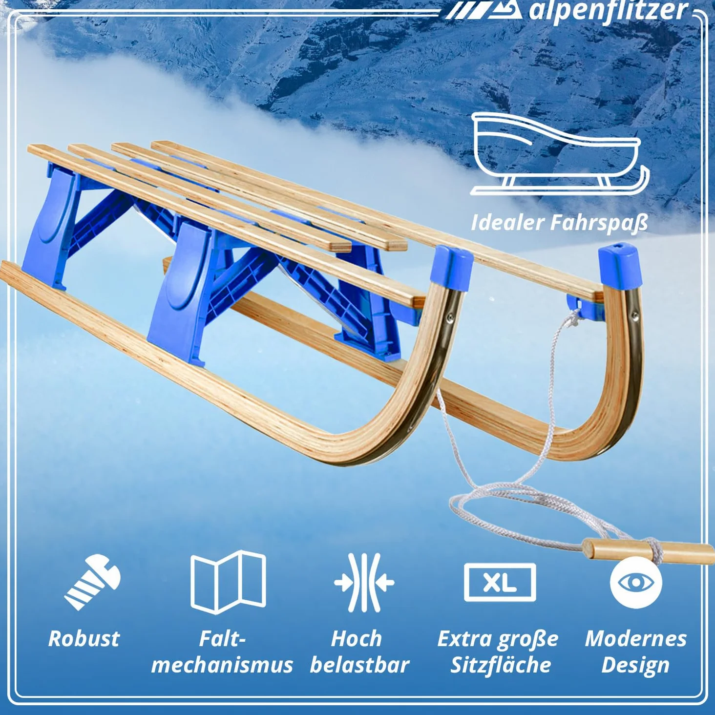 Trineo de Madera Alpenflitzer® con Respaldo 110 cm; Trineo Davos Plegable para niños; Trineo de Madera de Haya de Primera Calidad Trineo Plegable (Modelo 2023)