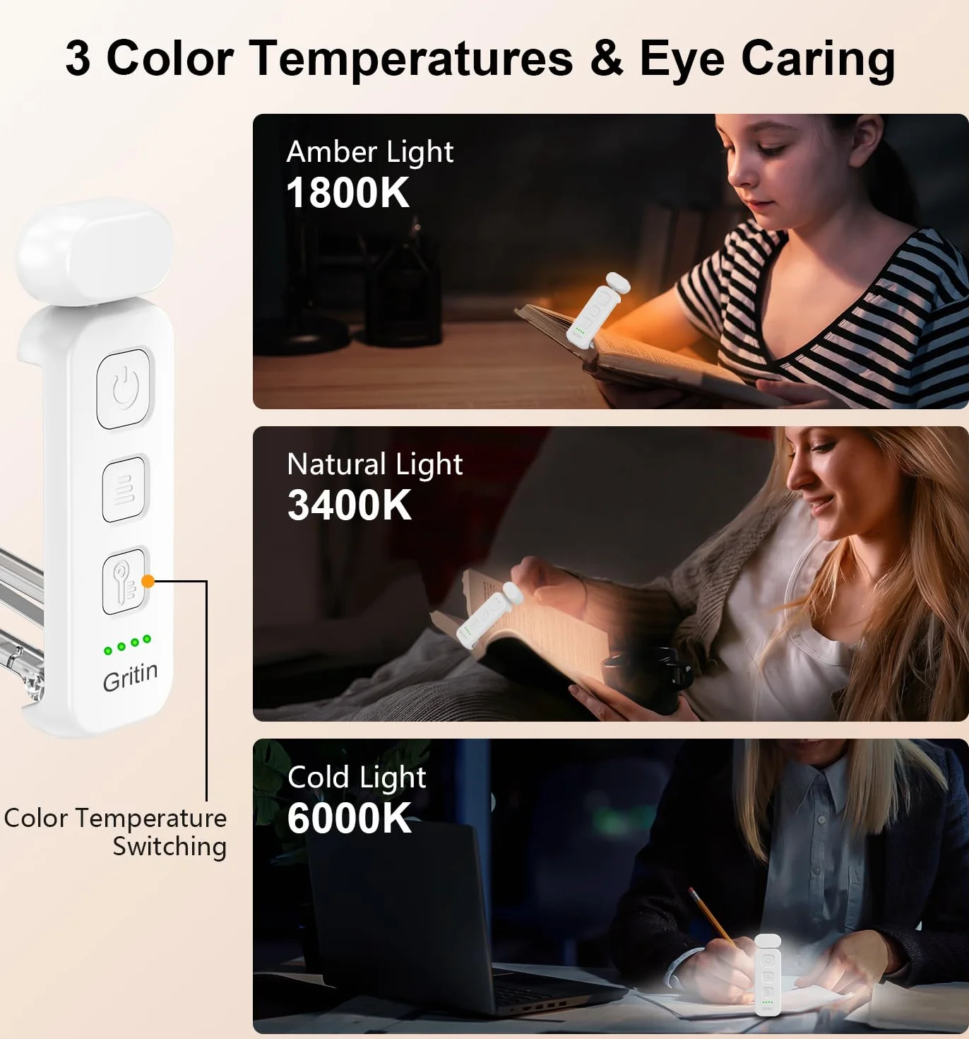 Gritin Lampara de Lectura Recargable con Pinzas, 7 LEDs, 3 Modos de Color, 5 Niveles de Brillo, Bateria de Larga Duracion