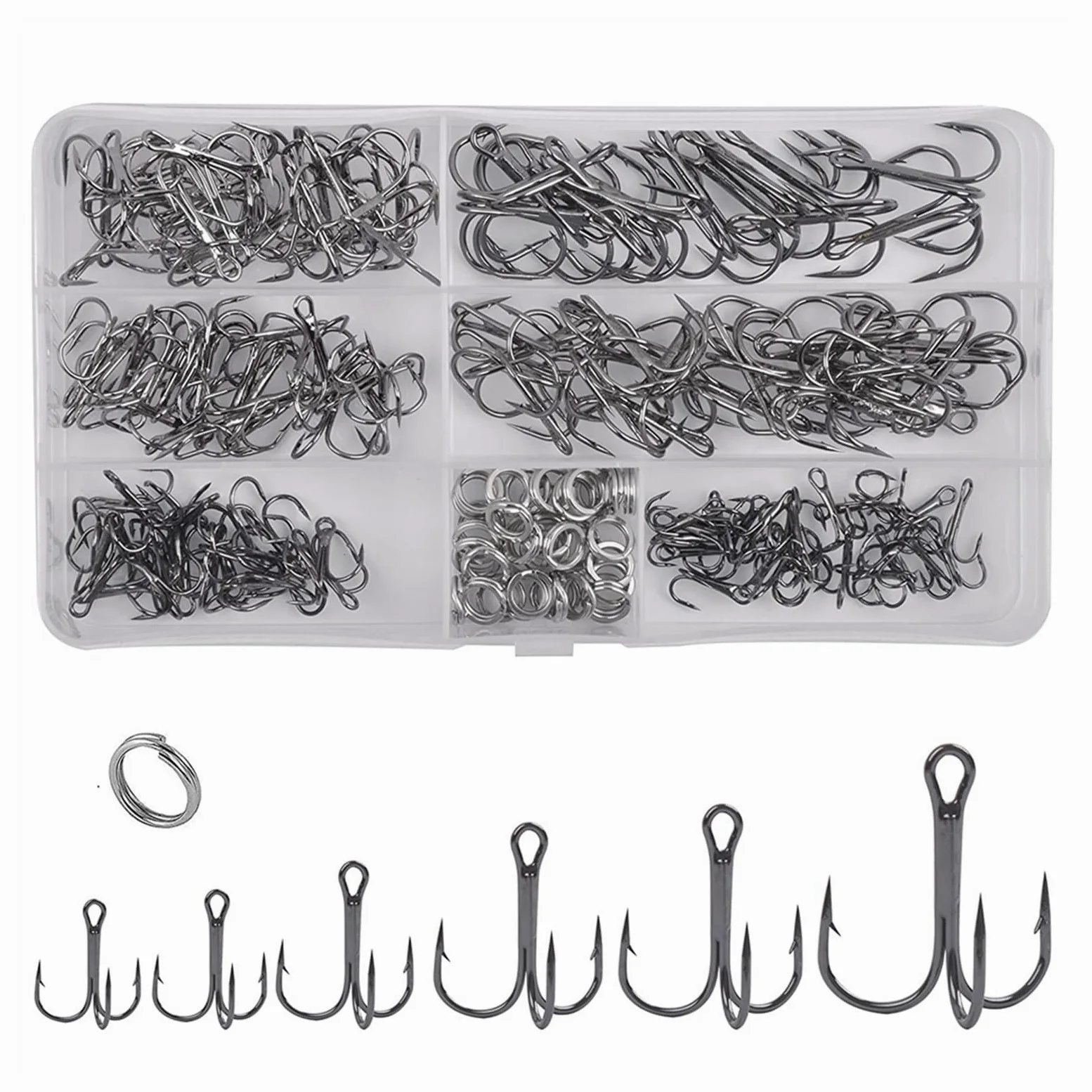 Anzuelos de Pesca 180 unids/Caja de anzuelos de Pesca triples, anzuelos de Triple púas con Curva Redonda Afilada, Juego de Anillos divididos for Aparejos de Pesca de lubina Pesca Surfcasting