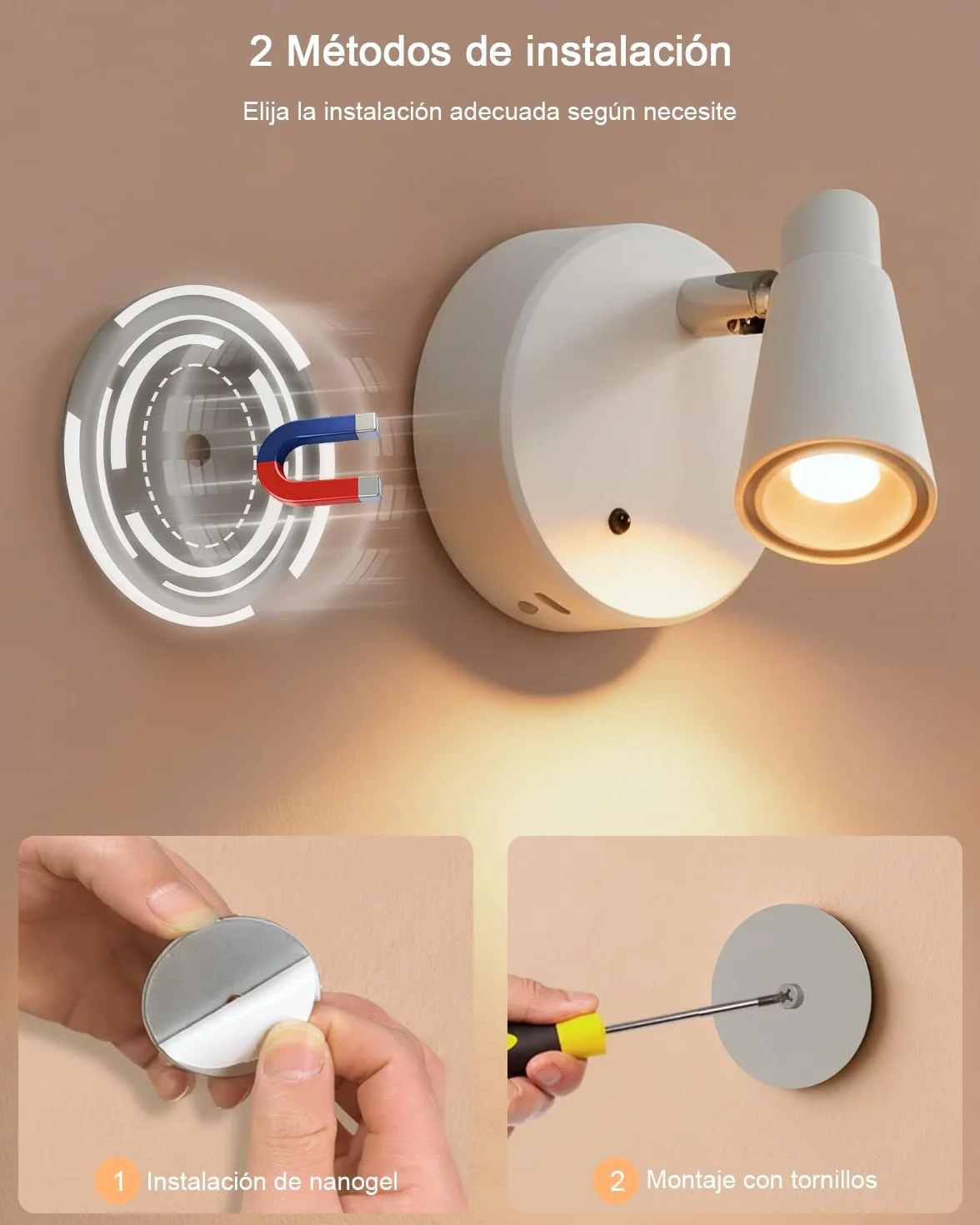 Lámpara de pared LED Recargable 5000mAh 2Pack USB 350° Giratorio 3 Colores Control Remoto Táctil