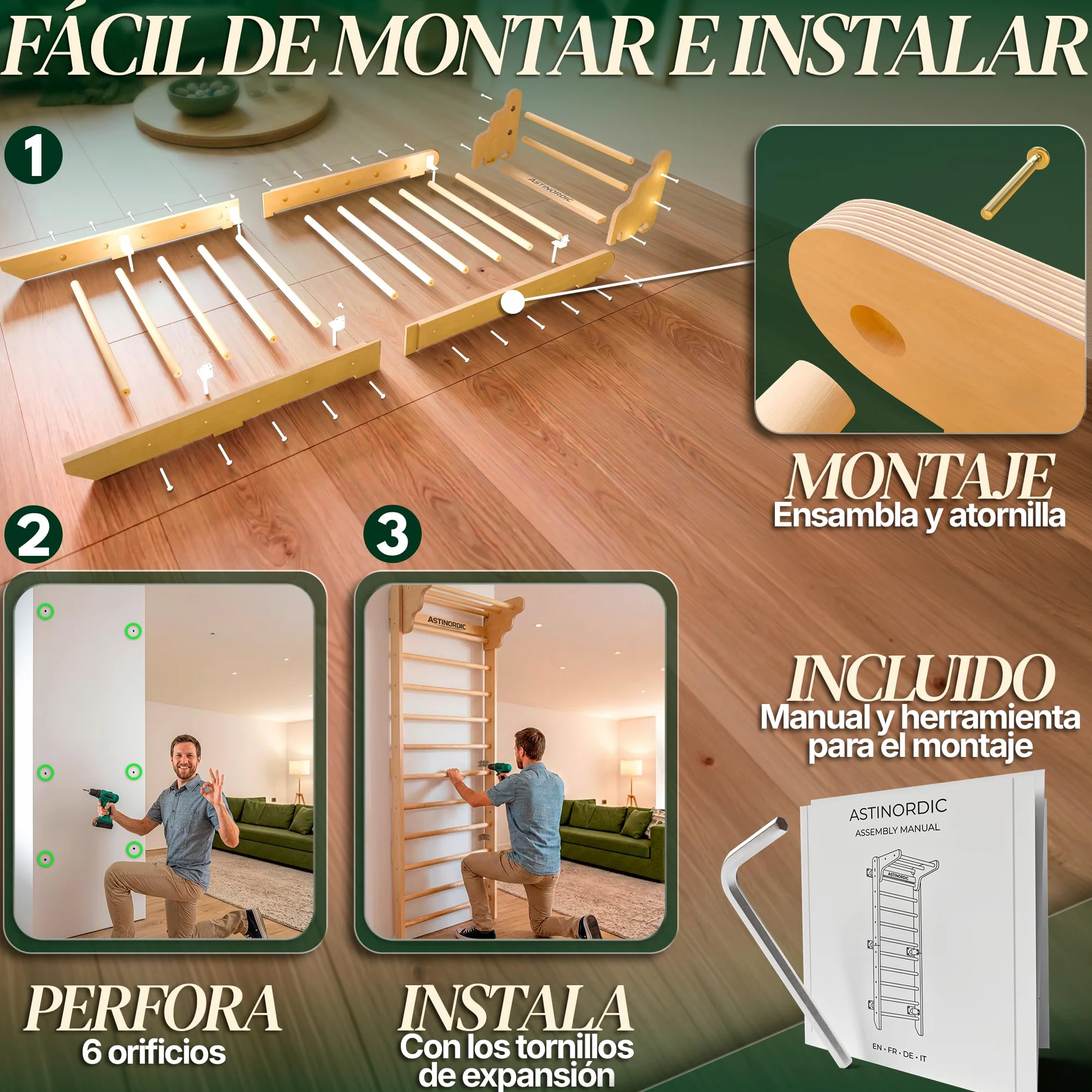 Espaldera Gimnasio Casa con Barra de Dominadas | Escalera Sueca Madera | Soporta hasta 150 kg | Montaje Fácil, Todo Incluido