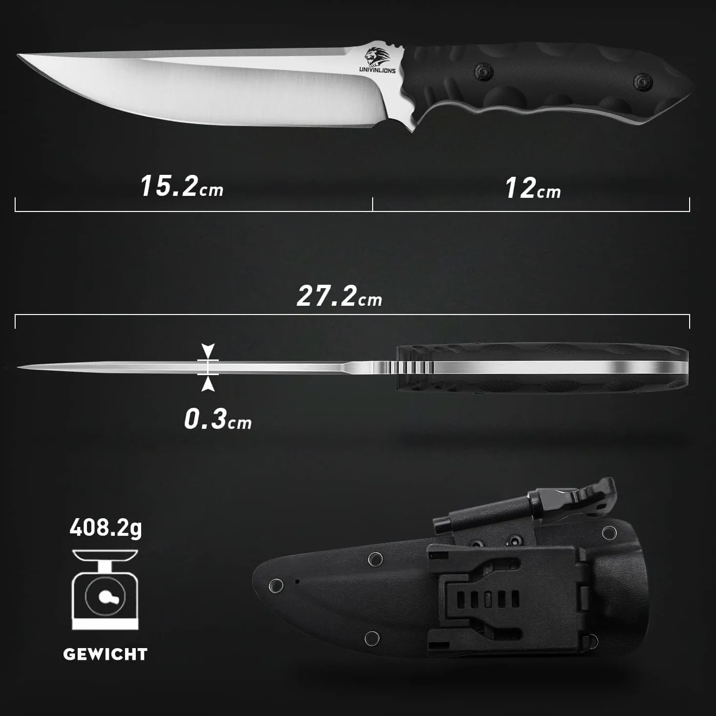 Cuchillo de supervivencia D2 full tang con funda, hoja fija out | Hoja D2 con mango G10 y funda incluida, diseñada para aventureros, cazadores y amantes del outdoor y supervivencia.