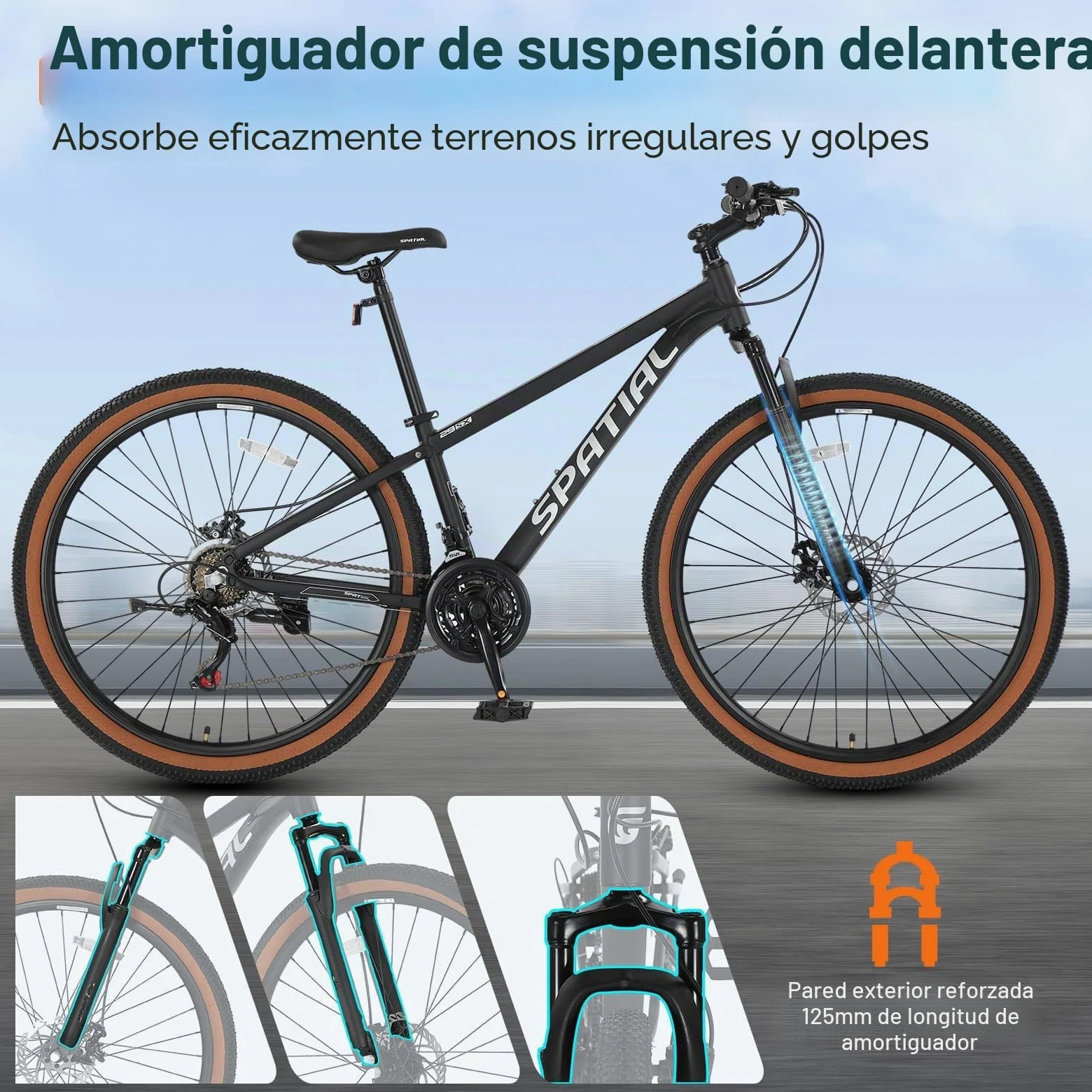 SPATIAL MTB Bicicleta de Montaña para Adultos y Jóvenes - 29/27,5/26/24 Pulgadas, 8/21 Velocidades, Frenos de Disco Mecánicos Dobles, Cuadro de Aluminio, Suspensión Delantera, Asiento Ajustable