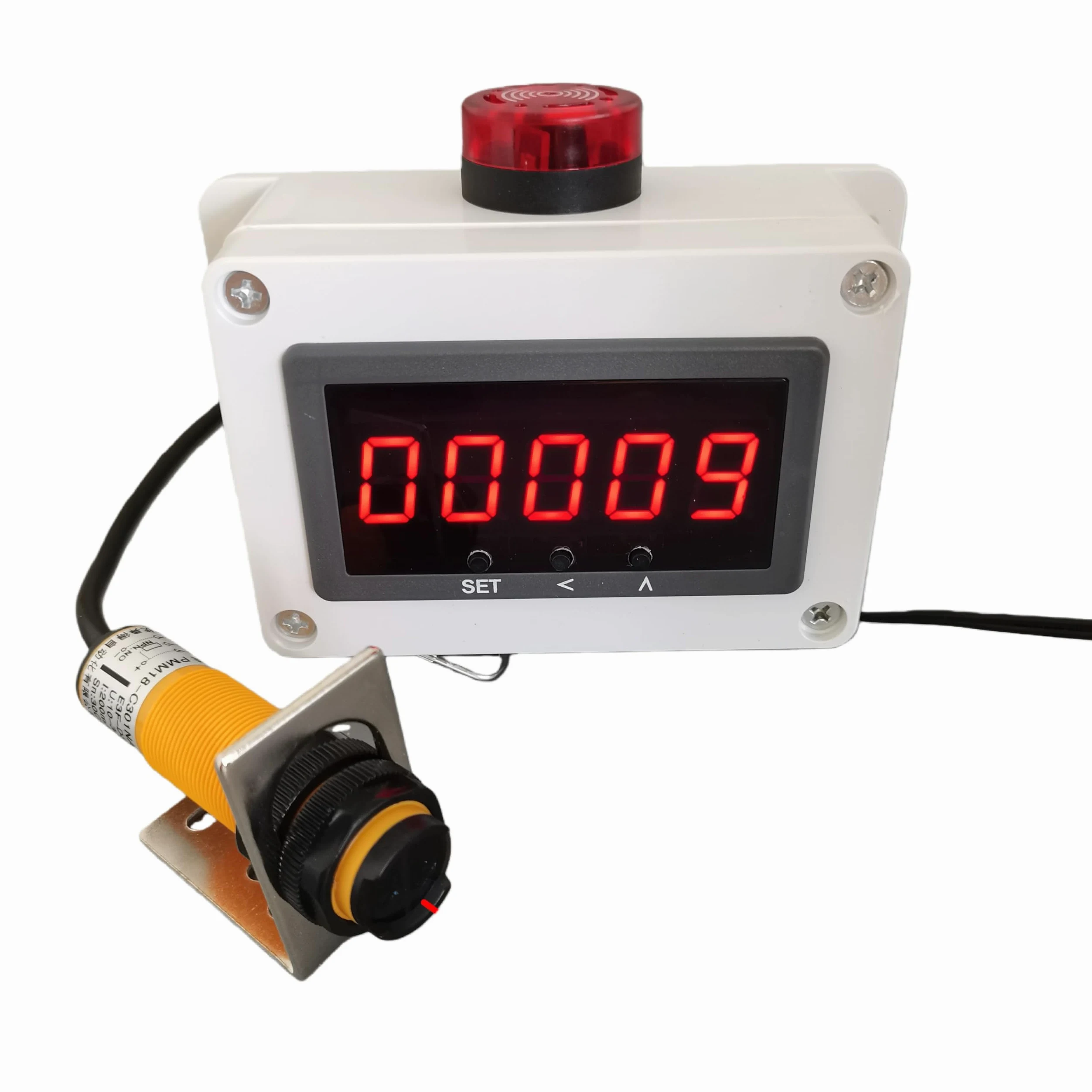 Contador digital LCD de 5 dígitos con sensor infrarrojo (10 cm-5 m), rango de conteo 0-99999, diseño resistente para línea de producción de cinta transportadora industrial