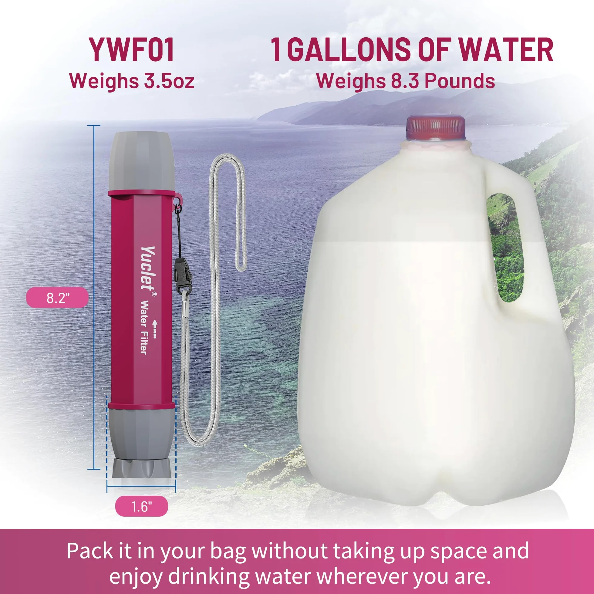 Yuclet YWF01 Paja con filtro personal para beber, sistema de filtración de agua portátil, equipo de supervivencia y suministros para camping, senderismo, viajes y preparación
