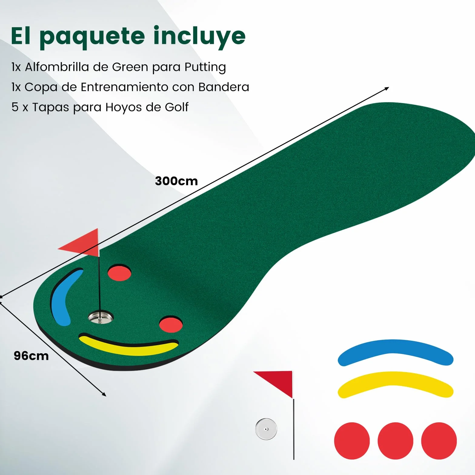 COSTWAY Alfombra de Putting de Golf 300x96 cm Mini Golf con 3 Tazas Bandera y Cubiertas