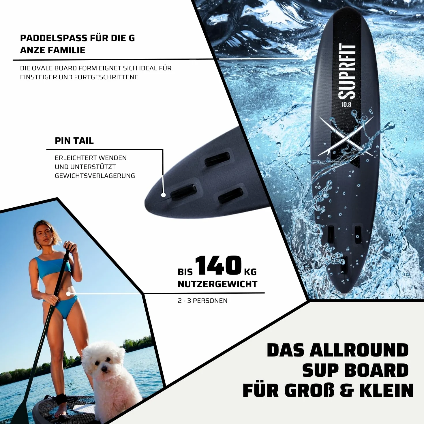 SUPRFIT Tabla de paddling Stand Up Surfit como juego completo inflable, tabla de remo con doble capa de PVC, paddle stand-up, tabla de paddle Stand Up hasta un máximo de 150 kg
