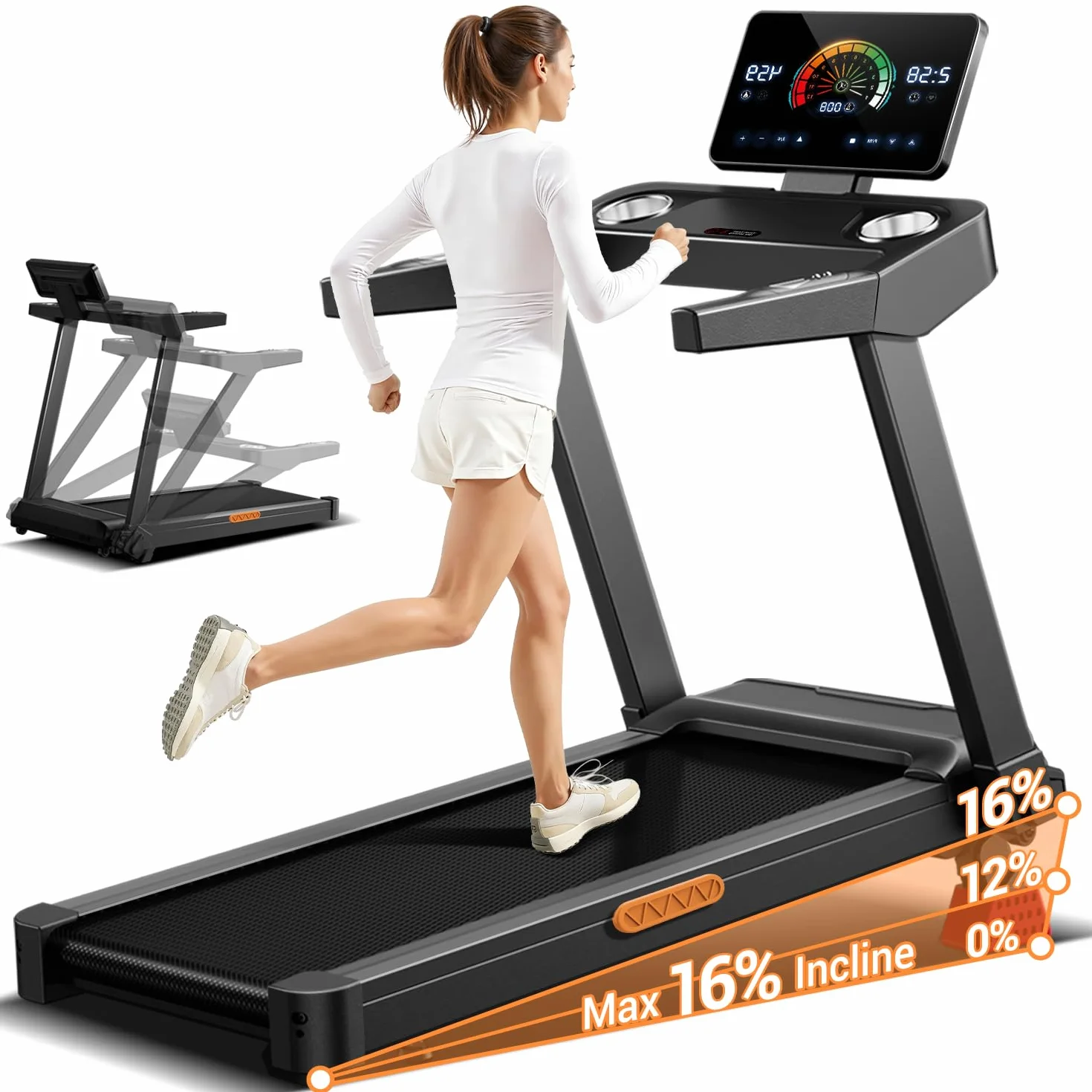 UMAY Cinta de Correr Plegable con Inclinación 16%, 14 KM/H | Cinta de Andar con Frecuencia Cardíaca, Caminadora Electrica para Casa con Pantalla LED,180kg