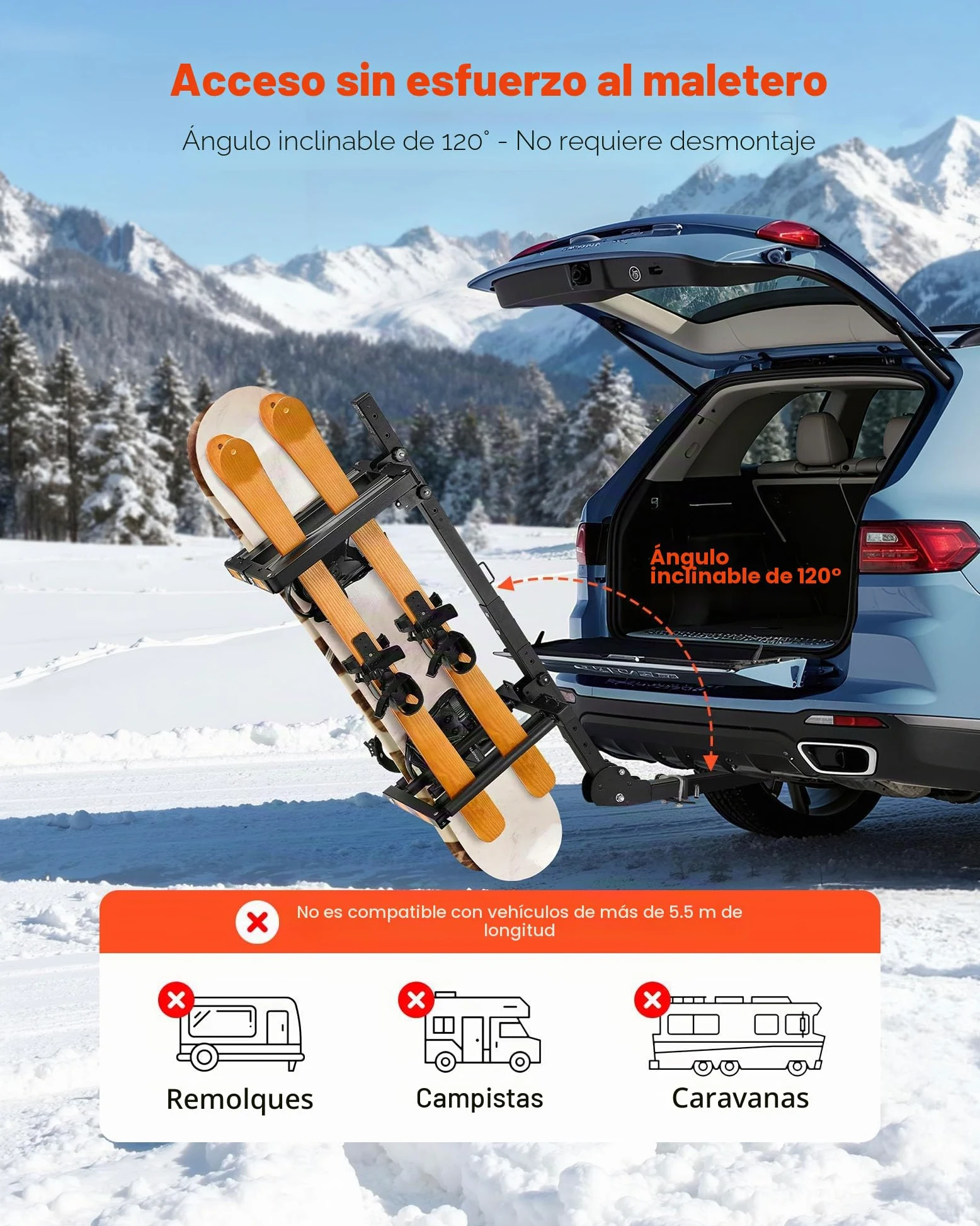VEVOR Portaesquís de Techo, para hasta 6 Pares de Esquís/4 Tablas de Snowboard, con Cerradura con Cinturón de Seguridad y Acceso Inclinable, el Soporte Ajustable Se Adapta a la Barra de Remolque