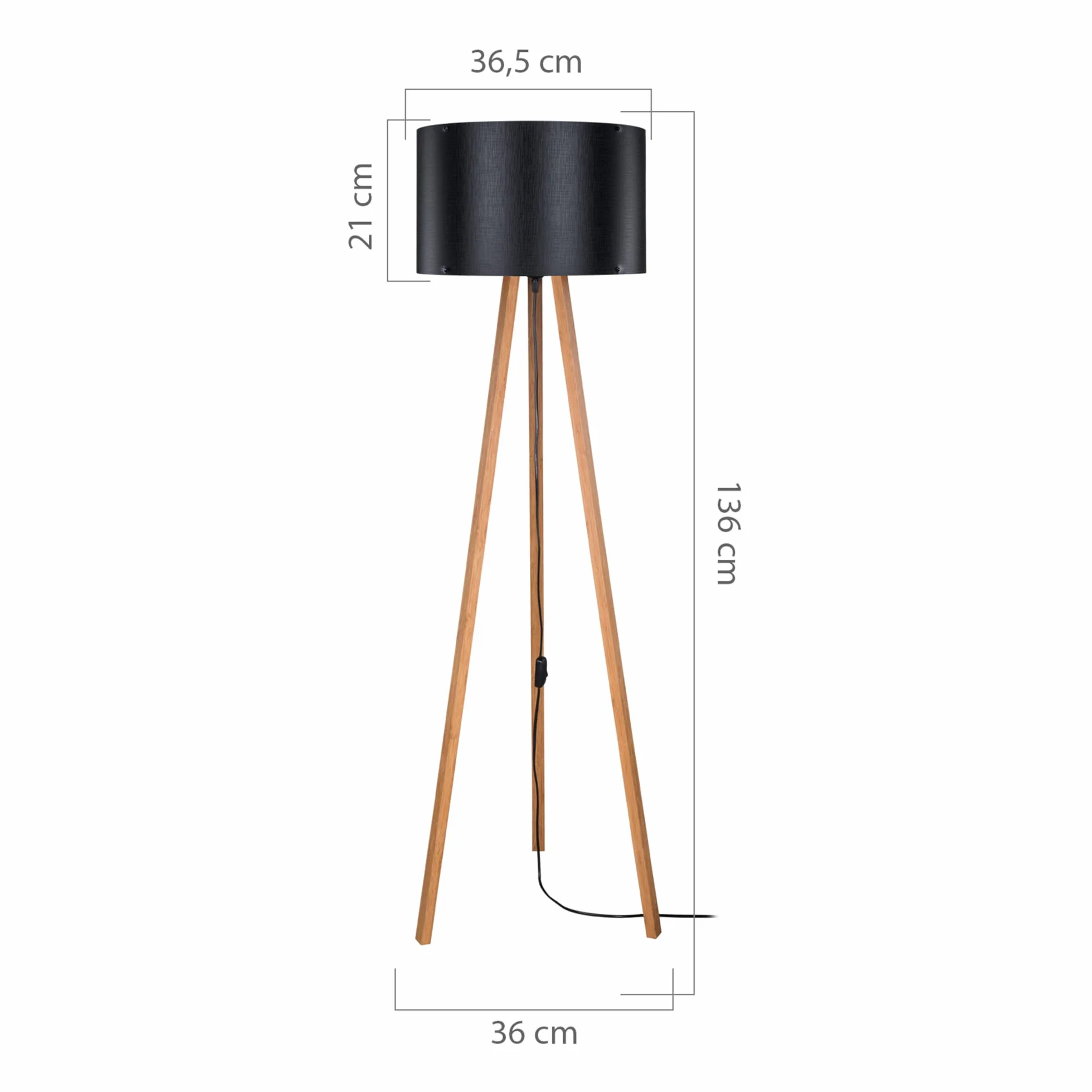 Lámpara de Pie Trípode 1xE27 20 W MDF PVC Textil 136 cm Bambú/Negro