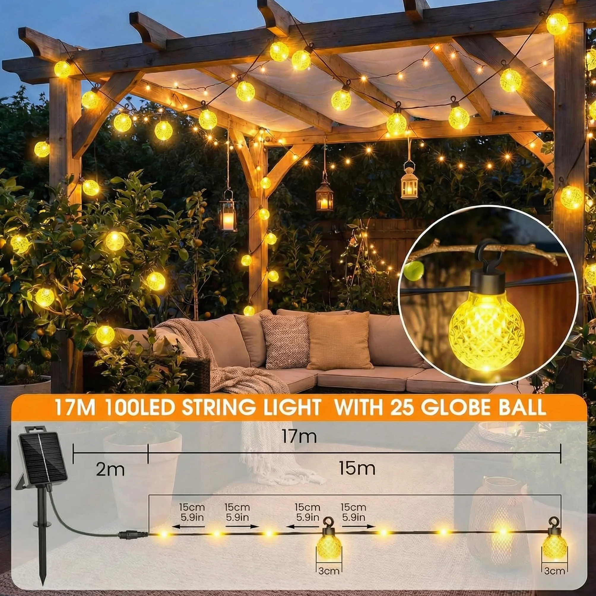 Guirnaldas Luces Exterior Solar 17M 100 LED 25 Bolas de Piña 8 Modos Mando Distancia IP67 Luz Blanca Cálida