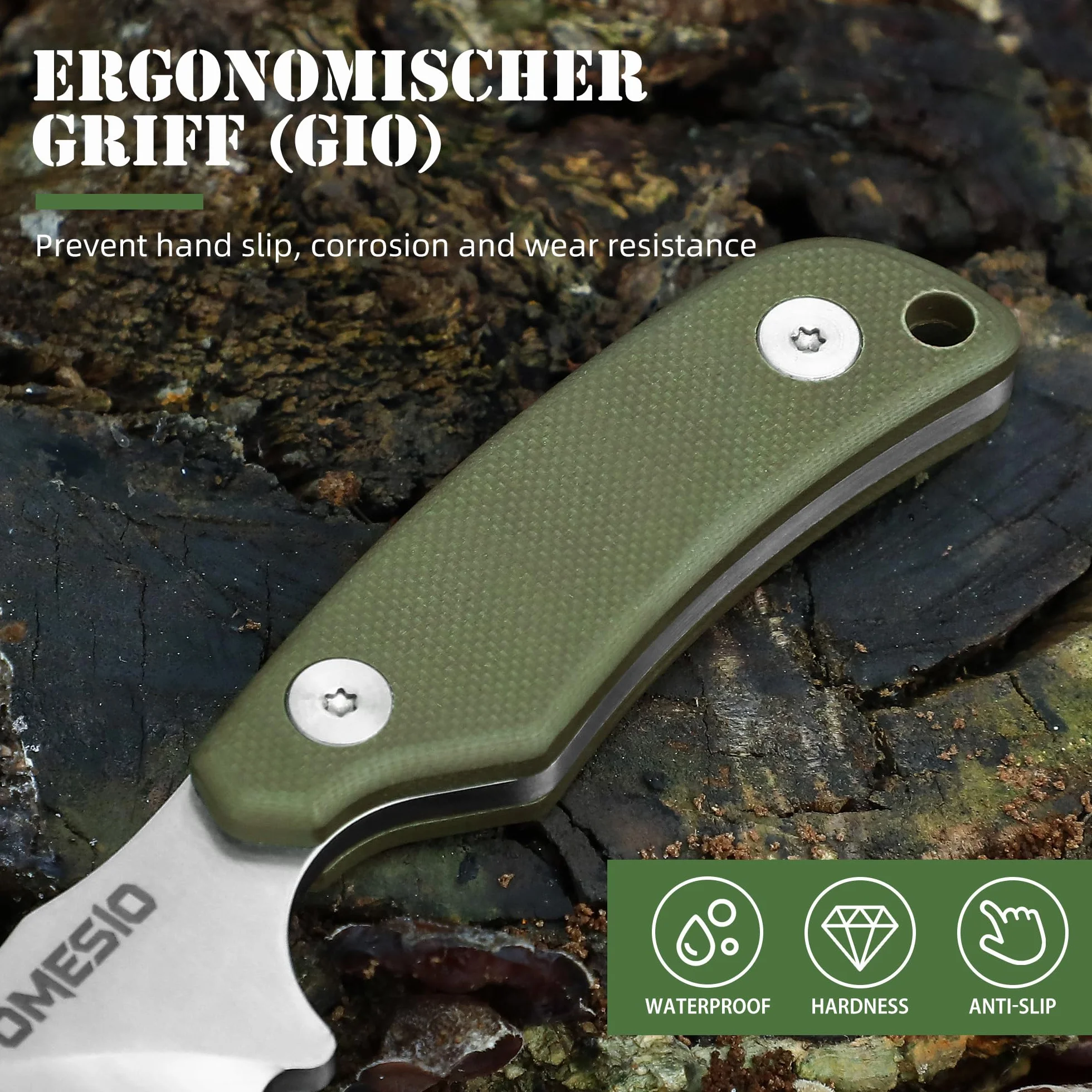 Omesio EDC Couteaux - Cuchillo de Cuello con funda Kydex, Cuchillo de Cuello Acero fijo pequeño D2 Full Tang Mango G10 Punta Nessmuk