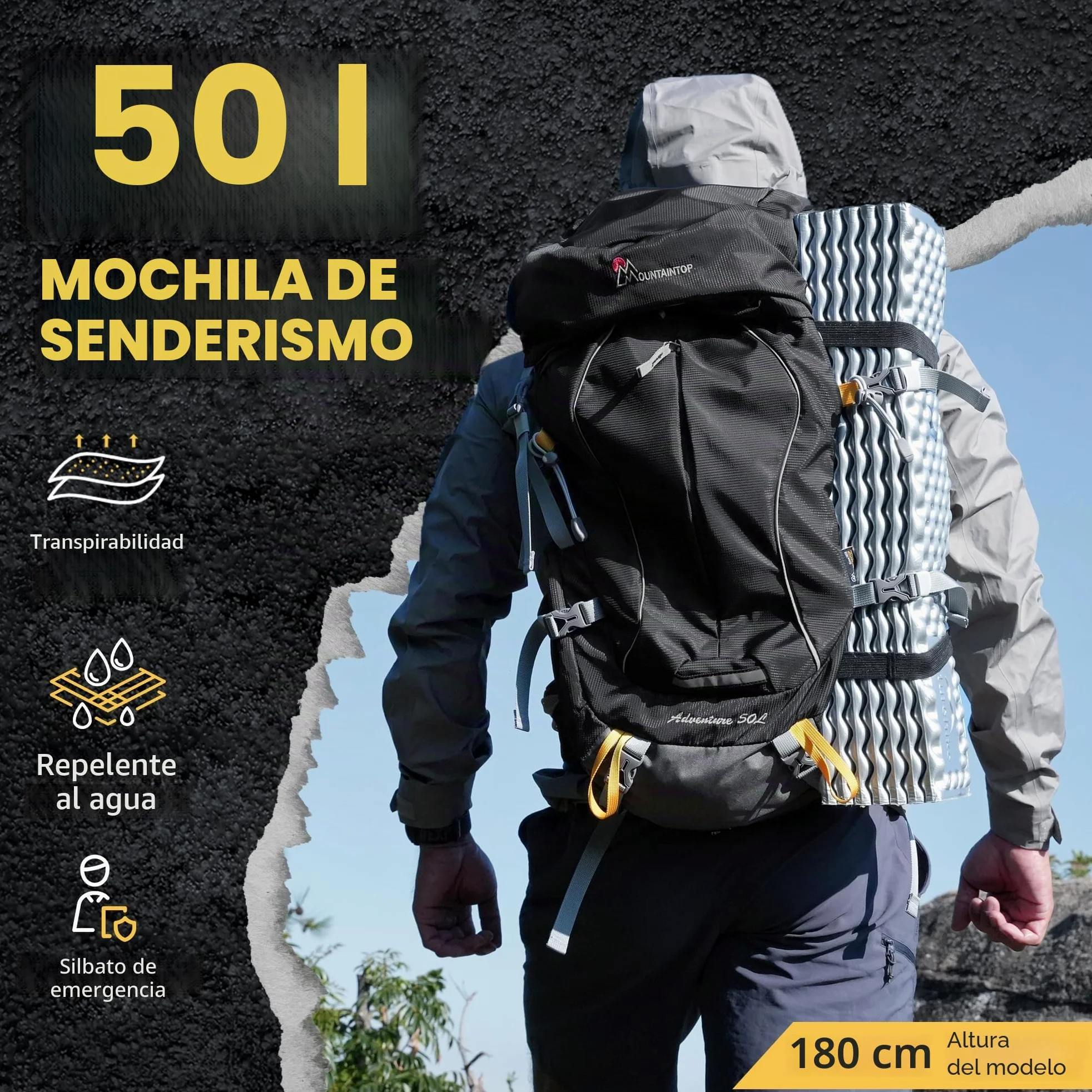 MOUNTAINTOP Mochila Trekking 50L Hombre Mujer Funda Lluvia | Ideal para senderismo montaña acampada y viajes de varios días, cremalleras YKK, soporte lumbar cinturón acolchado