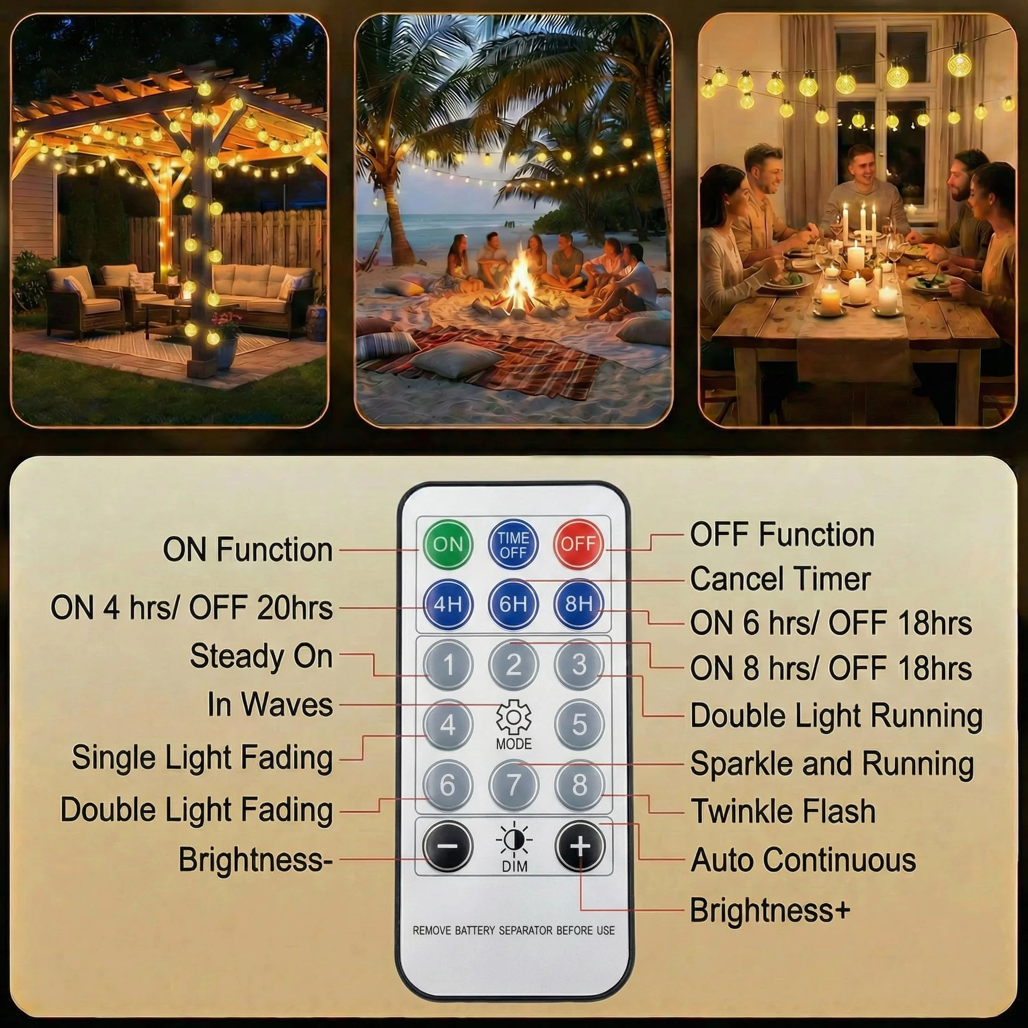 Guirnaldas Luces Exterior Solar 17M 100 LED 25 Bolas de Piña 8 Modos Mando Distancia IP67 Luz Blanca Cálida