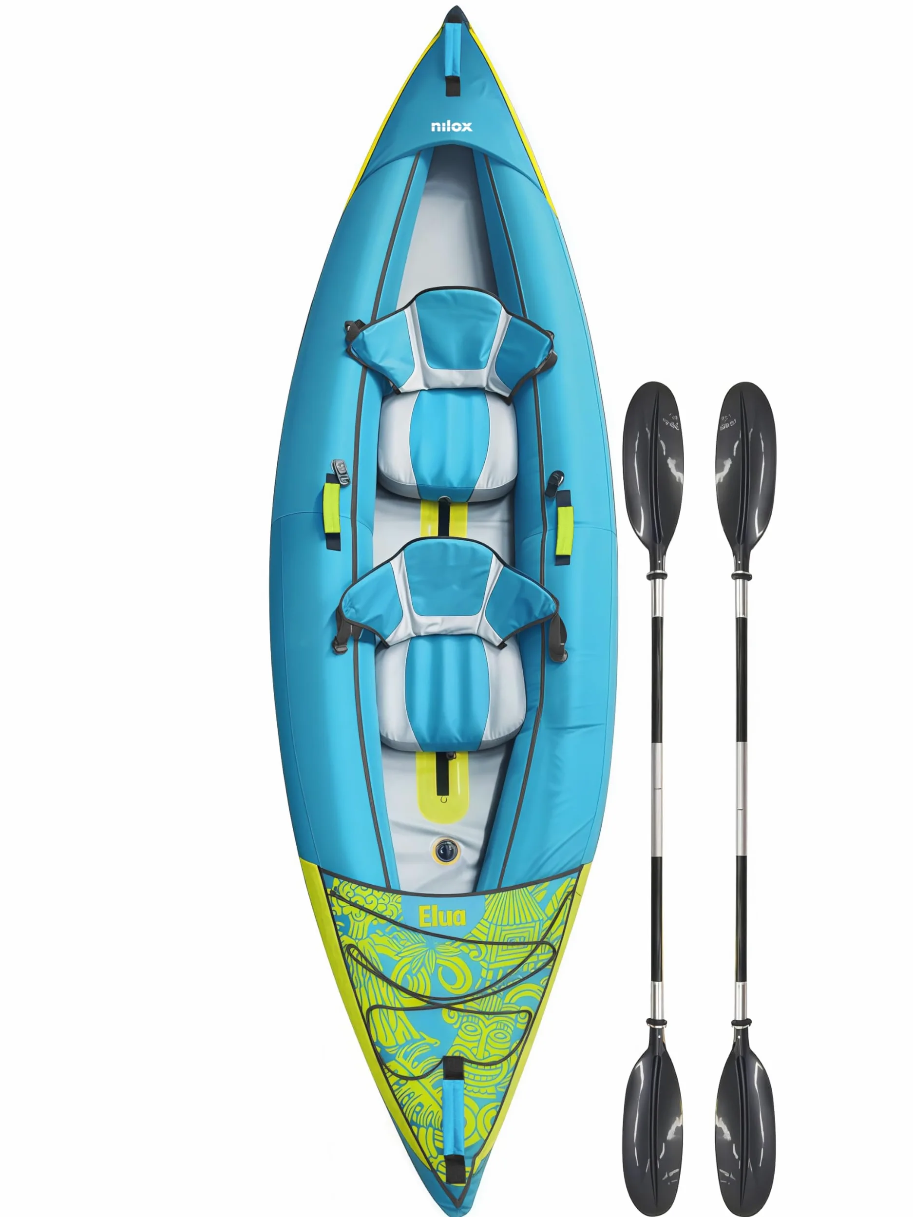 Nilox Kayak Hinchable de 2 Plazas de PVC, con 2 Remos de Aluminio, 2 Asientos, Bomba Manual y Bolsa de Transporte, Compatible con Waterscooter, Resistente 800D, Peso 14 kg, Dimensiones 340×102 cm
