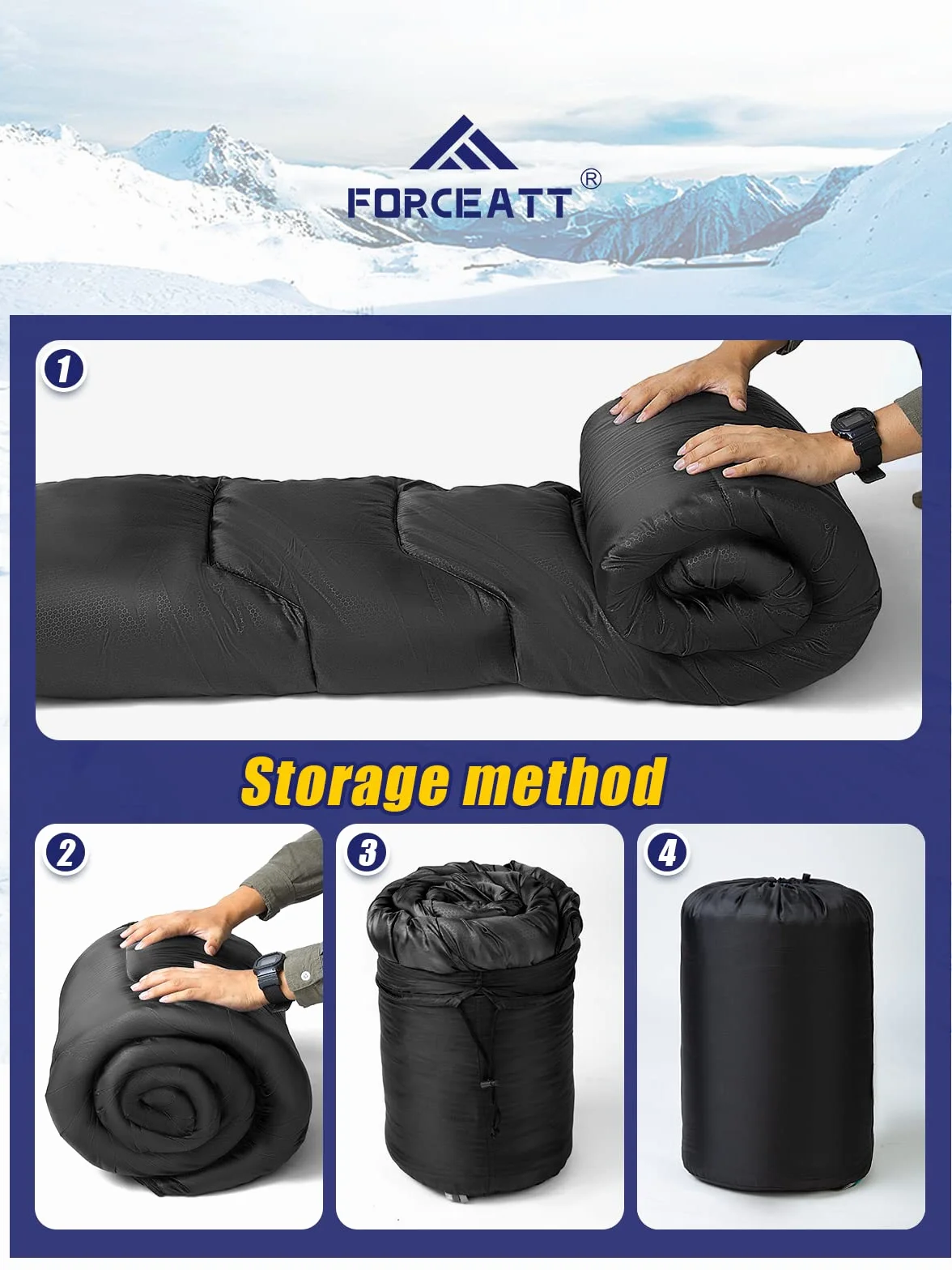 Forceatt Saco de Dormir para Adultos (210x80CM) -7~20°C Saco de Dormir Compacto 4 Estaciones, Saco de Dormir Invierno a Prueba de Agua y Desgarros,Lgrande para Camping y Senderismo.