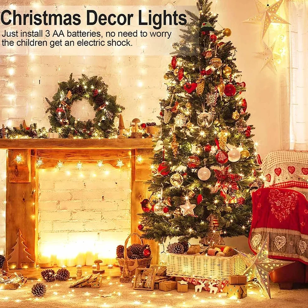 Luces LED Pilas 5m 50 LED Cadena de Luces Intermitente Guirnalda para Decoración Navidad (4Pcs Blanco Cálido)