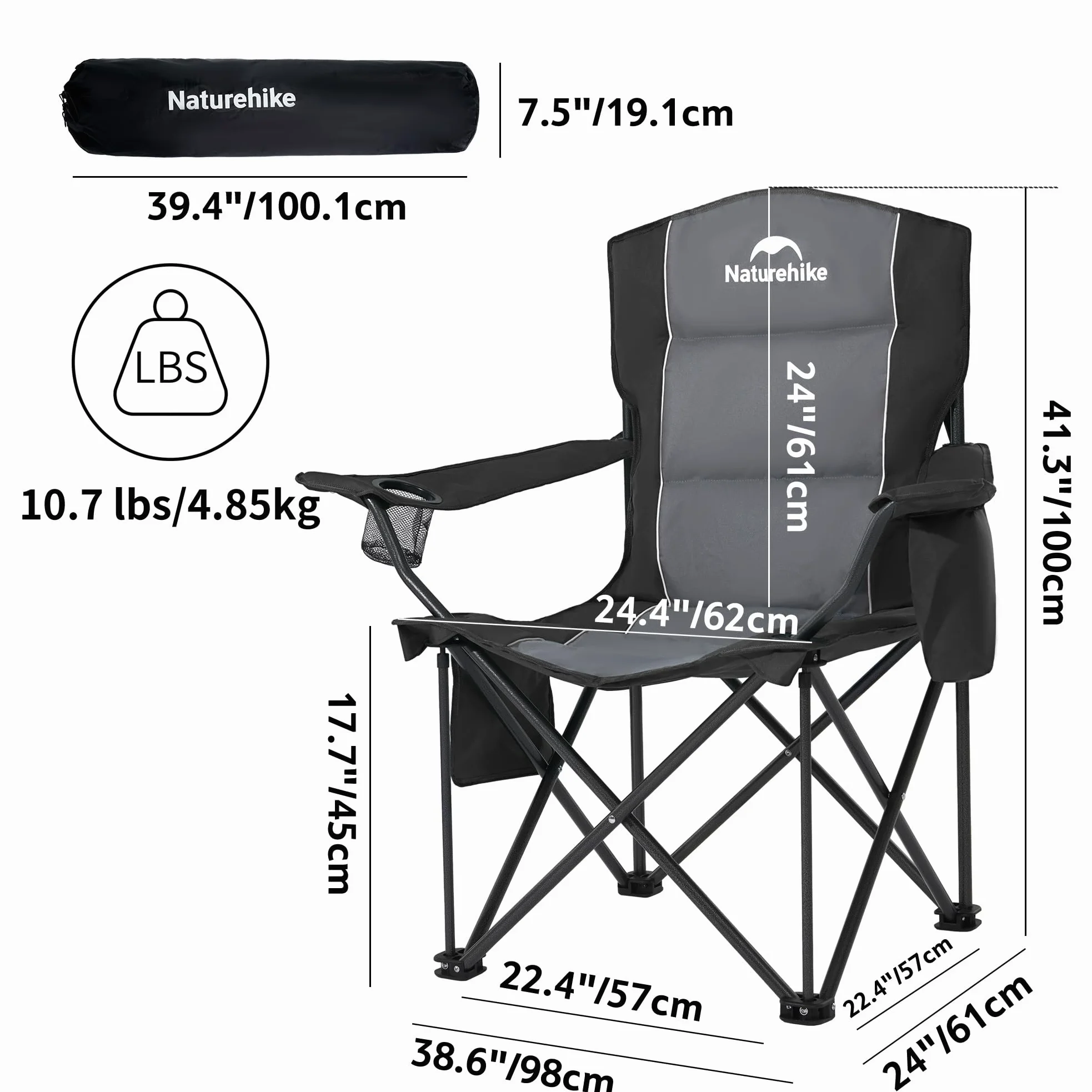 Naturehike 2 sillas de camping portátiles plegables de 200 kg, acolchadas, con soporte para bebidas, silla de pesca, pícnic, jardín, exterior, playa (negro)