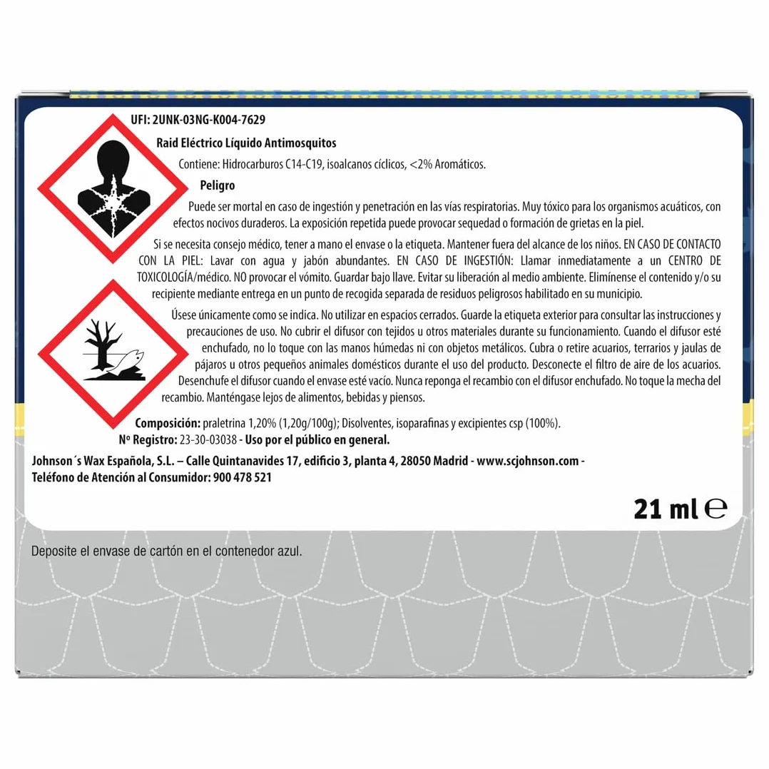 Raid Eléctrico Líquido Family 30 Noches Enchufe Anti Mosquitos 2 en 1 Mata y Ahuyenta Aparato + Recambio