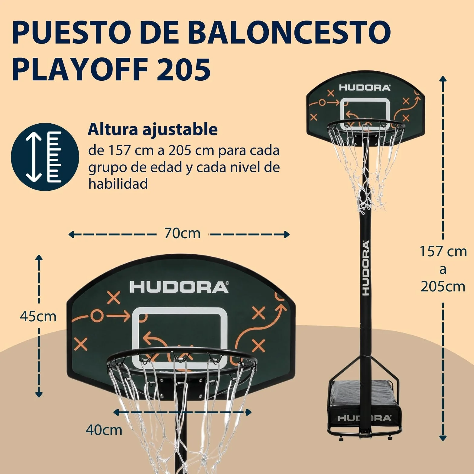 HUDORA Soporte de Baloncesto Playoff 205 Ajustable en Altura con Ruedas para Exterior