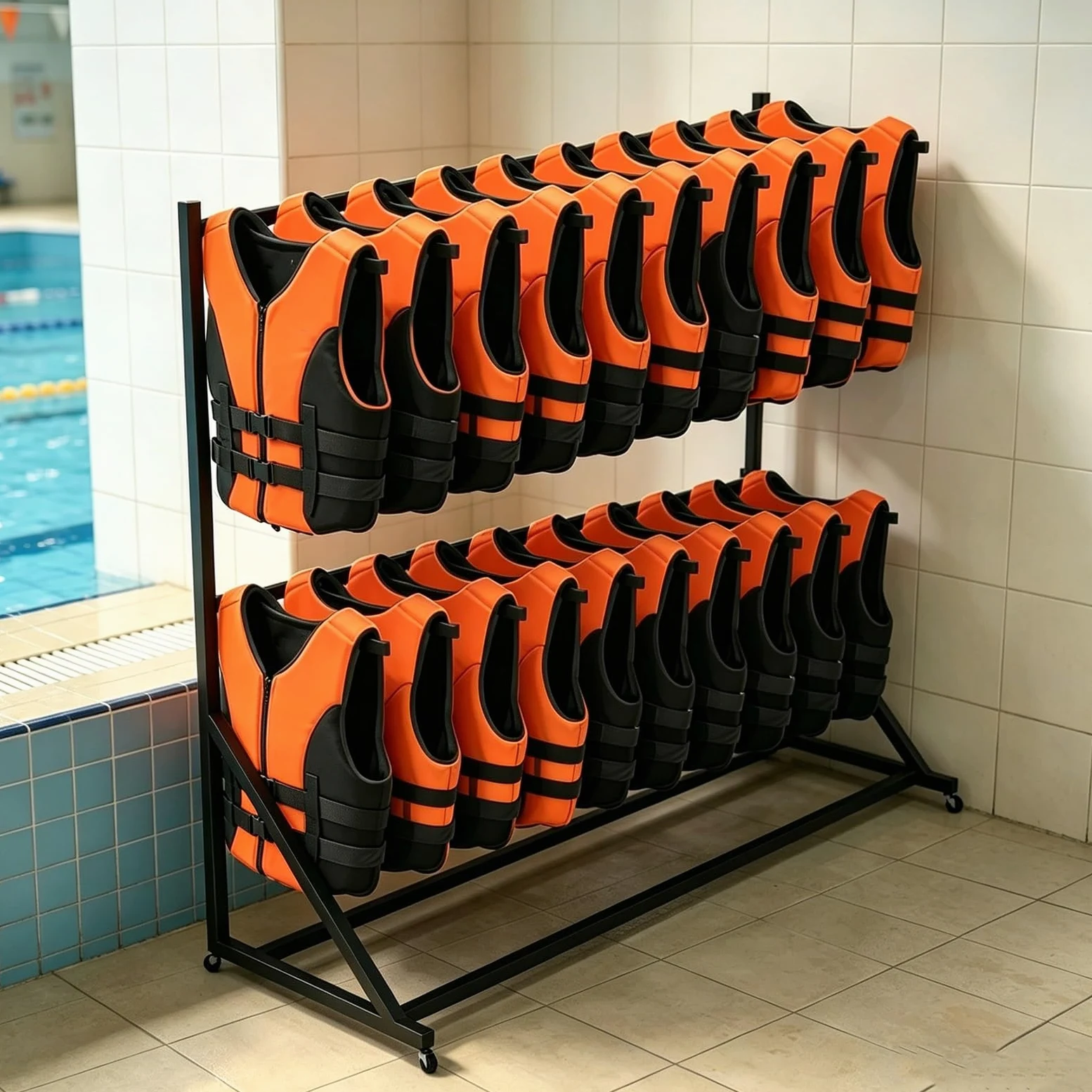 Soporte y Colgador para Chalecos Salvavidas y de flotabilidad, Organizador móvil con Ruedas para Accesorios de Piscina y Muelle (Estructura metálica de Secado)(3-Tier)