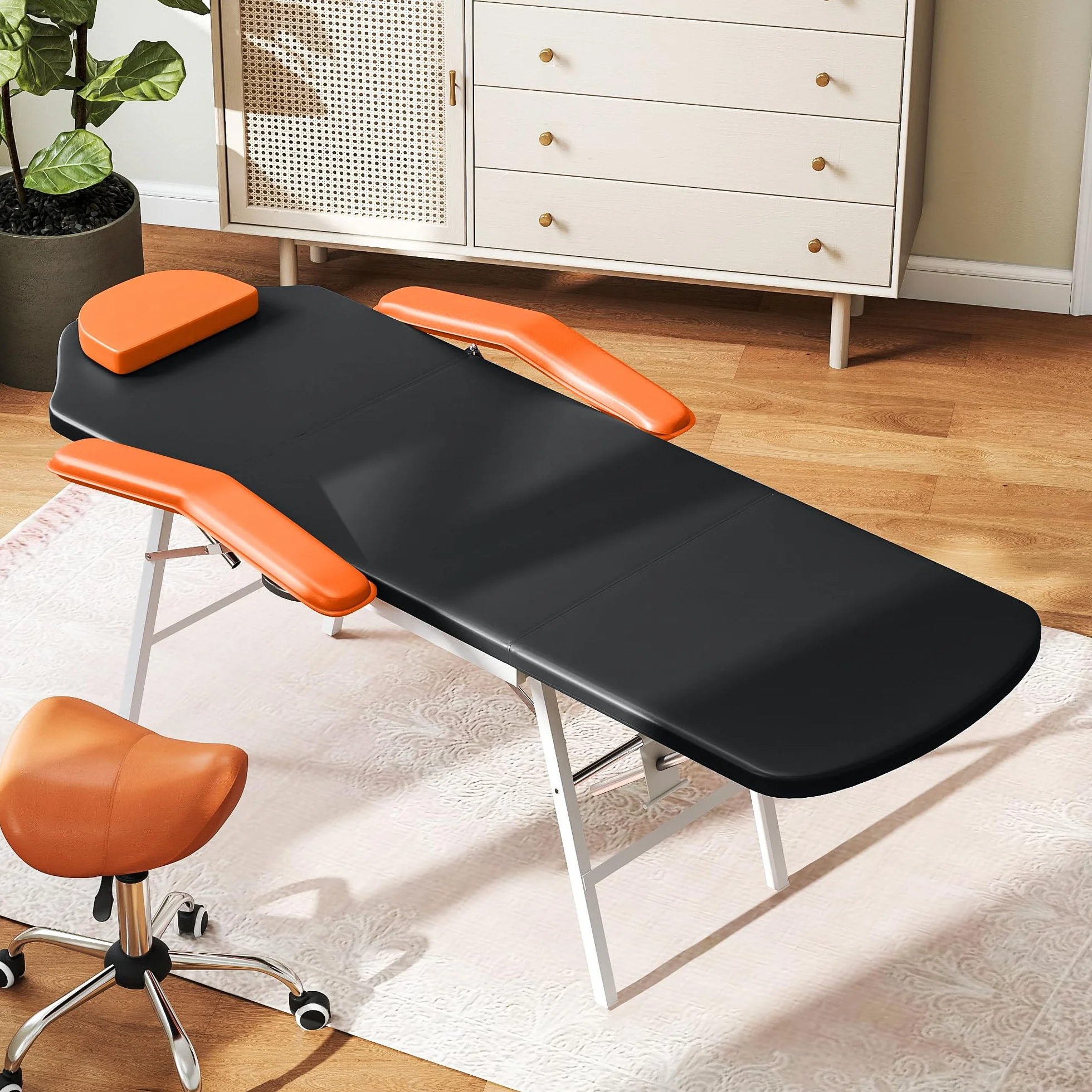 HOMCOM Camilla Masaje Plegable Portátil 3 Zonas Respaldo Soporte Piernas Ajustables Reposacabezas Extraíble Reposabrazos Acolchados SPA 182x82 cm Naranja