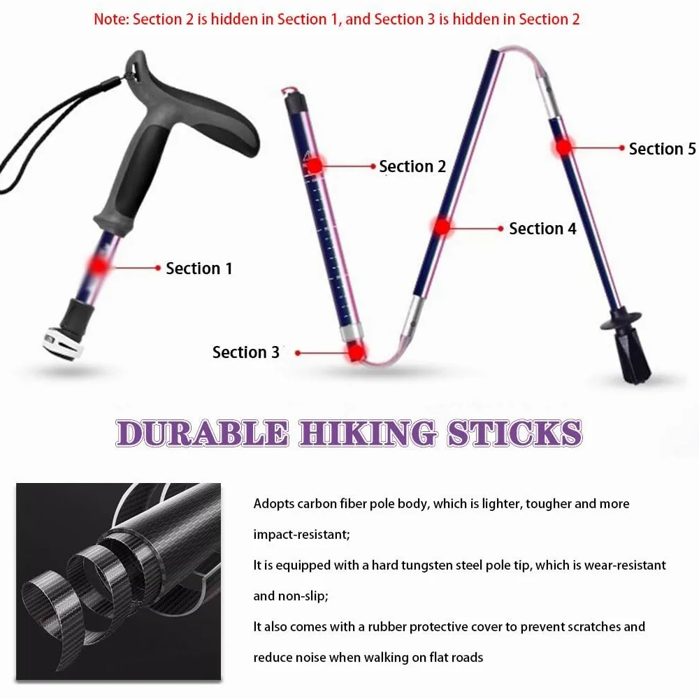 Bastones De Trekking Ultraligeros De Fibra De Carbono, con Sistema De Bloqueo De Perilla, Bastones De Trekking Plegables Y Compactos, Bastones De Trail Running para Principiantes