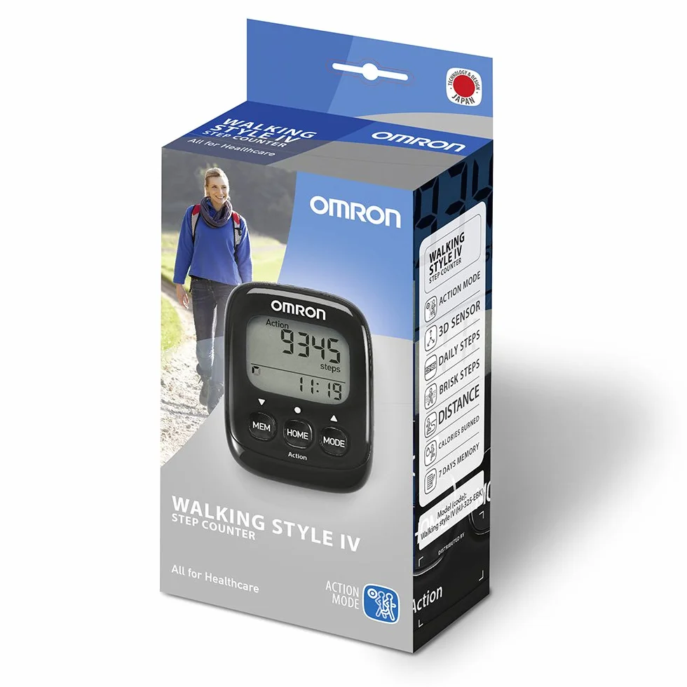 OMRON Walking Style IV Podómetro con Sensor 3D preciso para medir Pasos, Distancia, Pasos Normales y aeróbicos y calorías quemadas, Negro