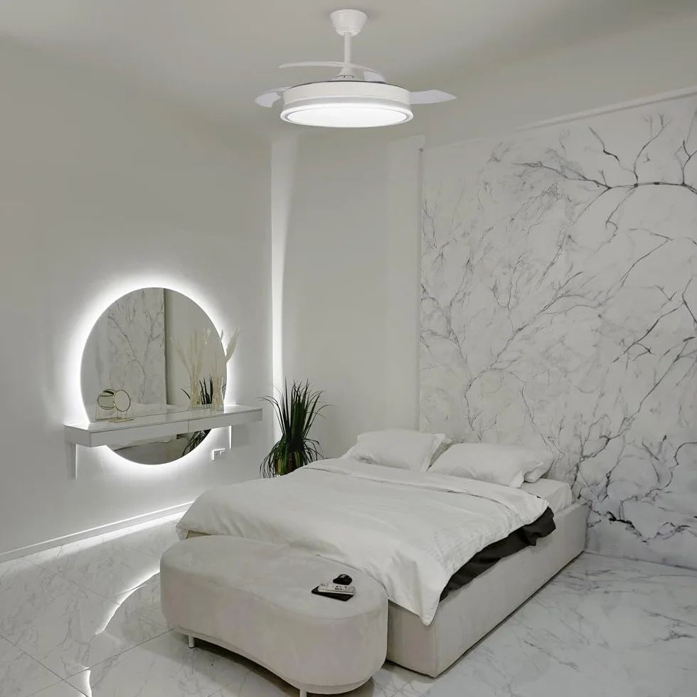 Ventilador de techo retráctil con aspas plegables Surpino Blanco, luz LED 45W, mando a distancia CCT regulable