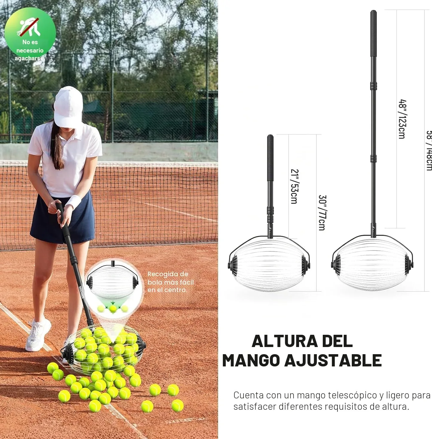 NEEWER Recolector Pelotas Tenis, R30-58/77-148cm 30-58"/77-148cm Telescopic Rolling Ball Retriever Picker Upper Hopper Roller Basket Holder para 40 Pelotas Tenis, Accesorios & Entrenamiento, TB01S