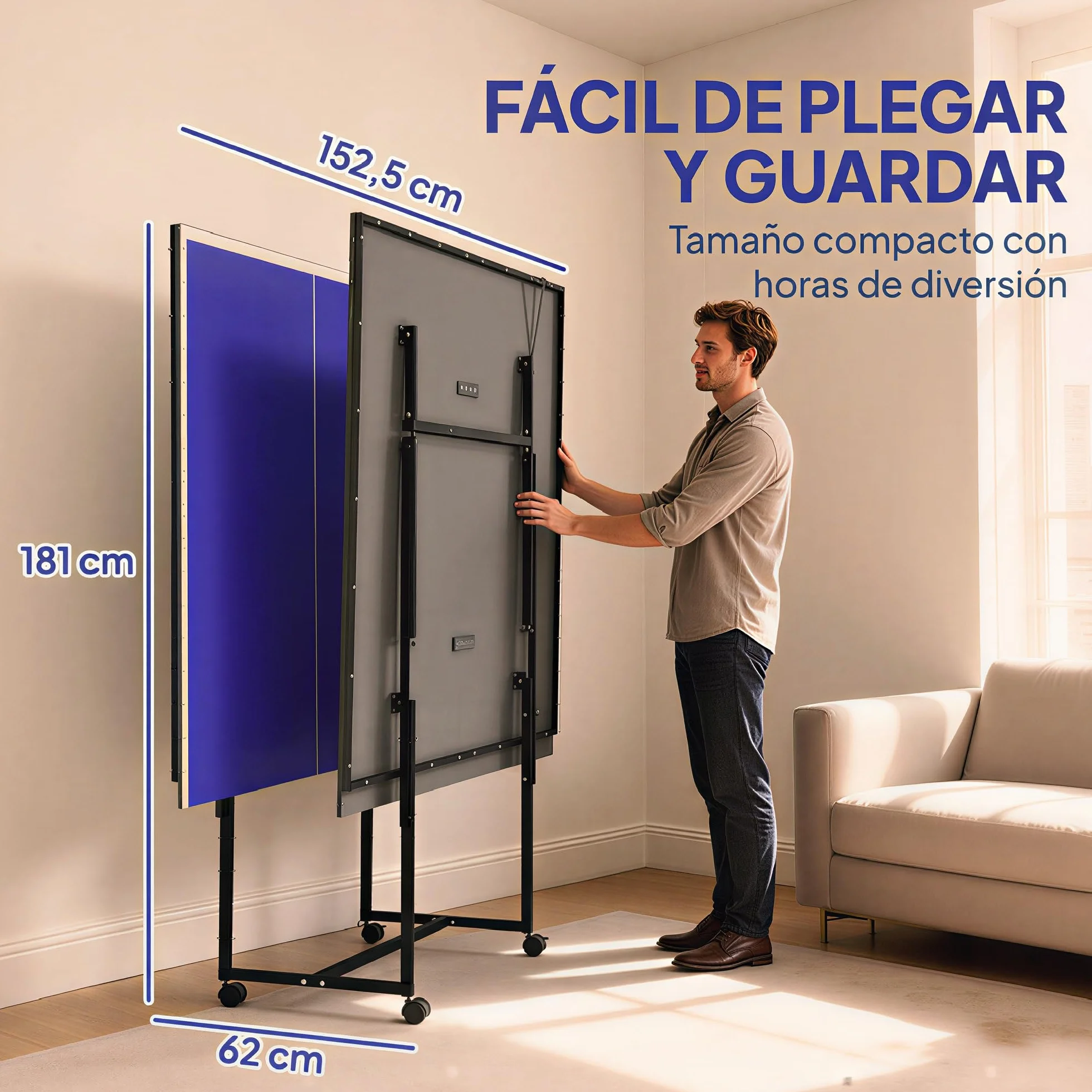 SPORTNOW Mesa de Ping-Pong Profesional Plegable con 4 Ruedas, Red, 2 Palas y 3 Pelotas 274x152,5x75,5 cm Azul