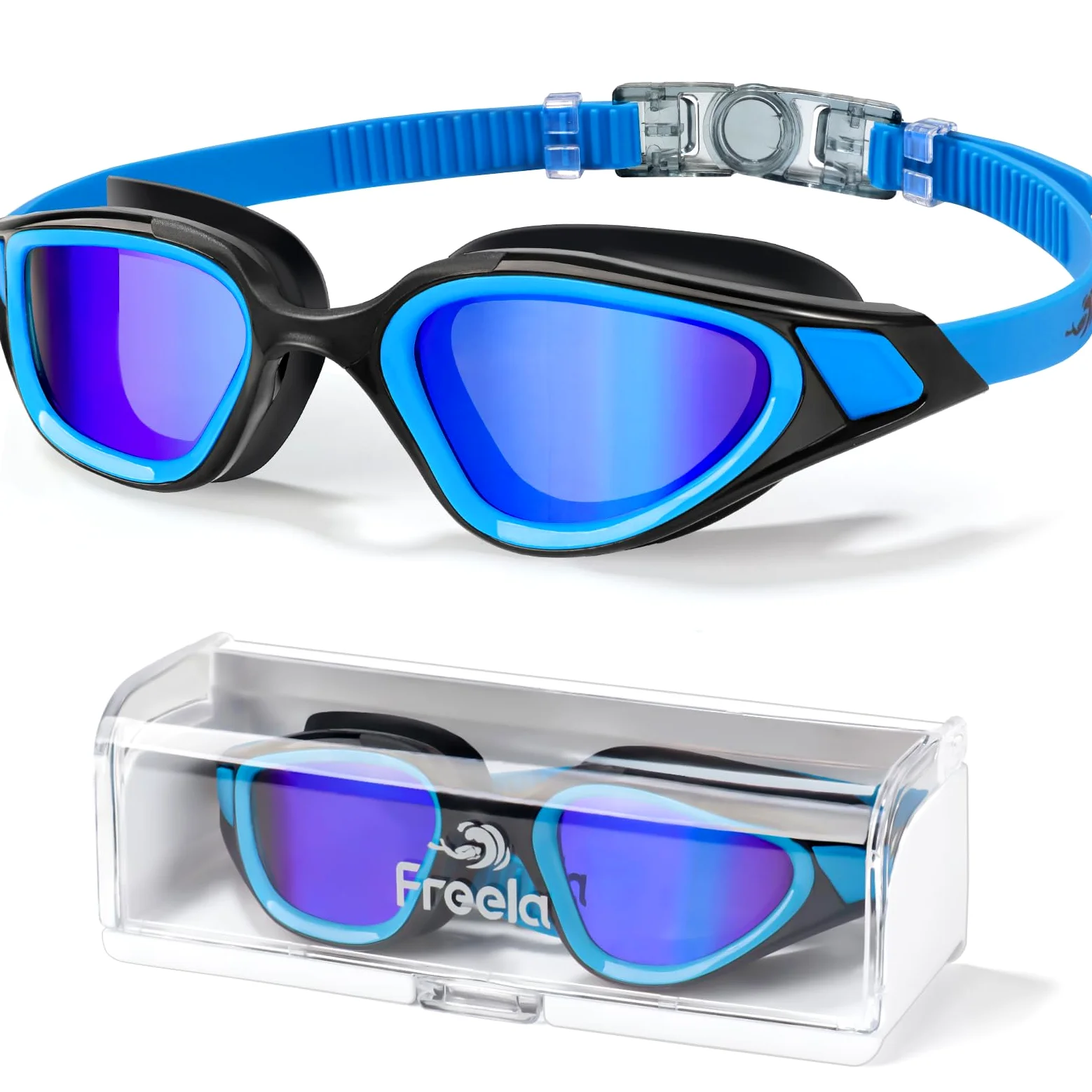 Freela Gafas de natación polarizadas para adultos, hombres y mujeres, gafas de natación para piscina de agua, visión amplia, transparente, antivaho, protección UV, gafas de natación azules para