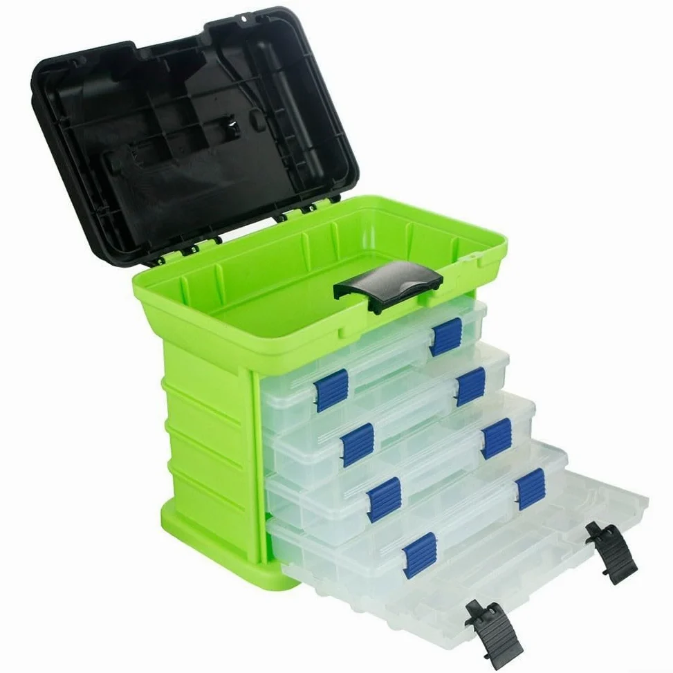 Caja de aparejos de pesca, caja de almacenamiento portátil de 4 capas con asiento de asa plegable, organizador de engranajes ABS de carga de 40 kg para líneas de ruedas de señuelo, negro (naranja)
