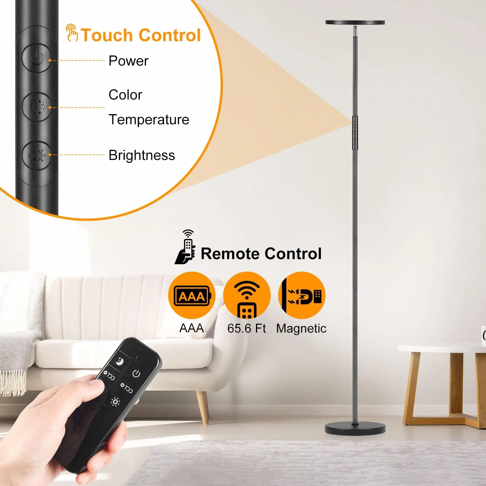 Lámpara de pie 36W 3600LM 350W Equivalente Moderna Torchiere con Mando a Distancia y Control Táctil 69" Sala de Estar