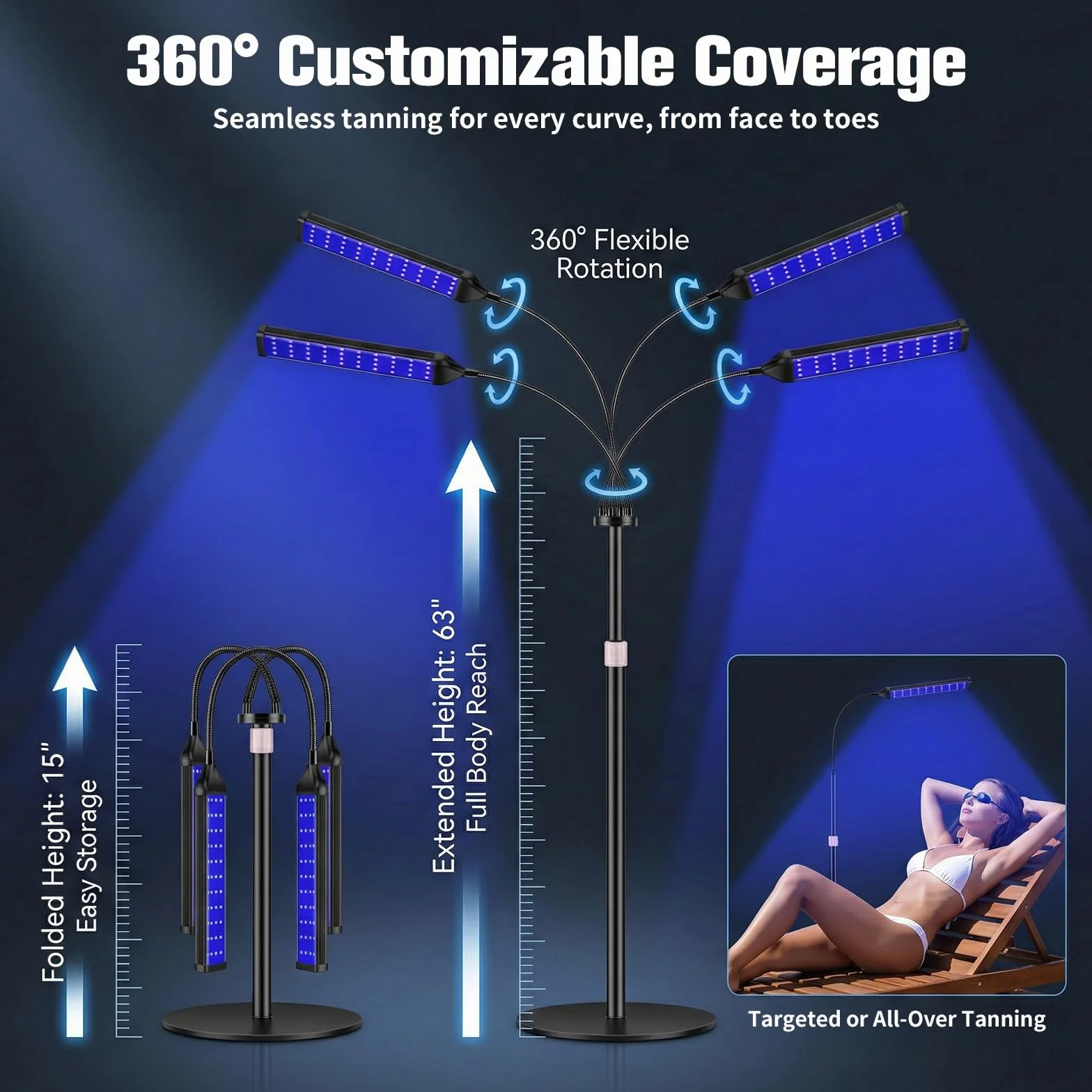 Lámpara de bronceado facial LED 4 cabezales 540 bombillas, soporte giratorio 360°, 5 modos, temporizador ajustable con gafas