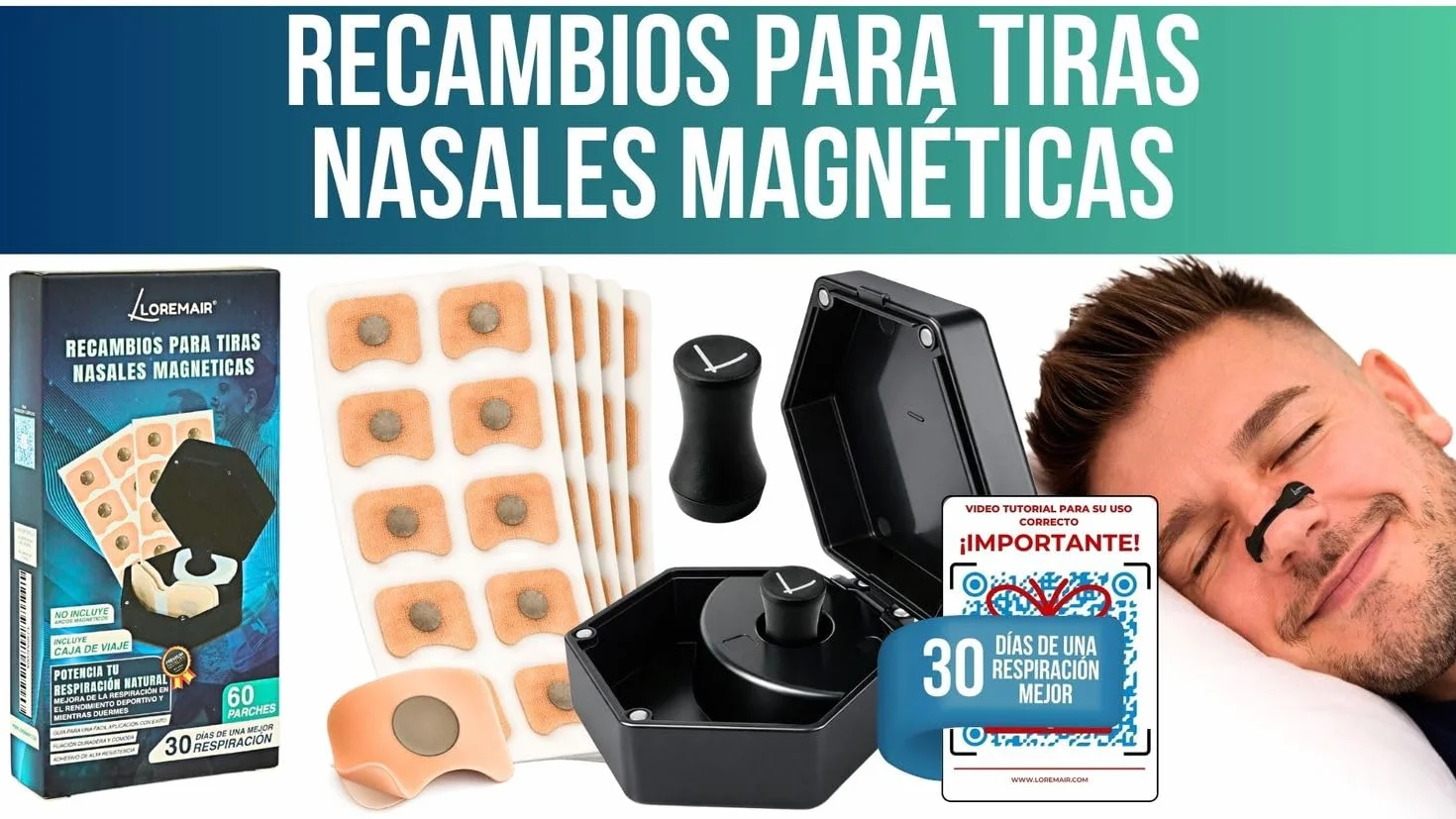 Recambios Tiras Nasales Magnéticas 60 parches 30 días Caja almacenamiento Aplicador Dilatador Nasal