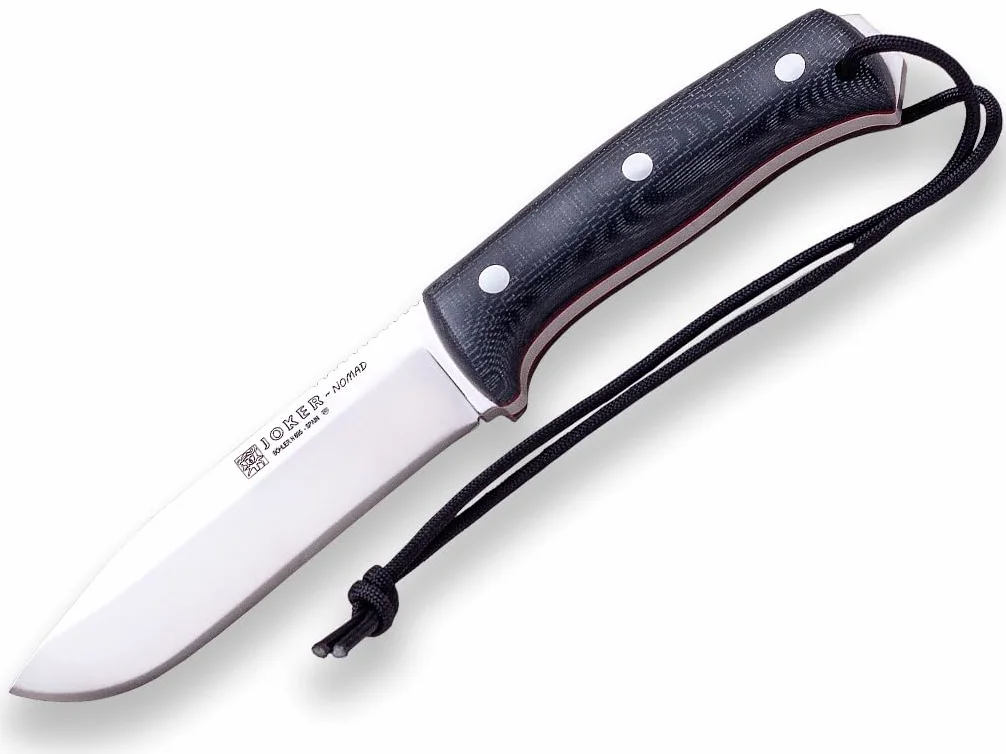 Joker Cuchillo Bushcraft Nomad CM125-P, hoja de 12,7 cm, mango micarta canvas, funda piel de color negro con pedernal, Herramienta de pesca, caza, camping y senderismo