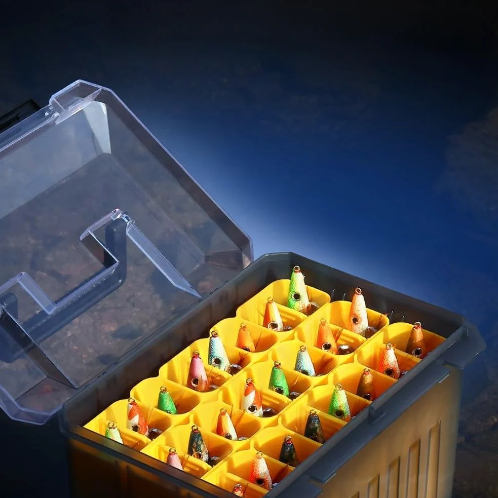 Caja de aparejos de pesca de 24 rejillas con base impermeable, contenedor compacto de ABS con separadores ajustables y asa para almacenamiento de pulpos, color amarillo