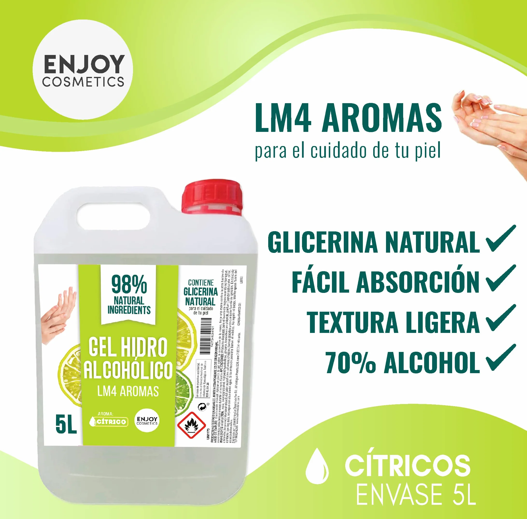 ENJOY COSMETICS Gel Hidroalcohólico Aroma Cítrico 5L 70% Alcohol con Glicerina Natural