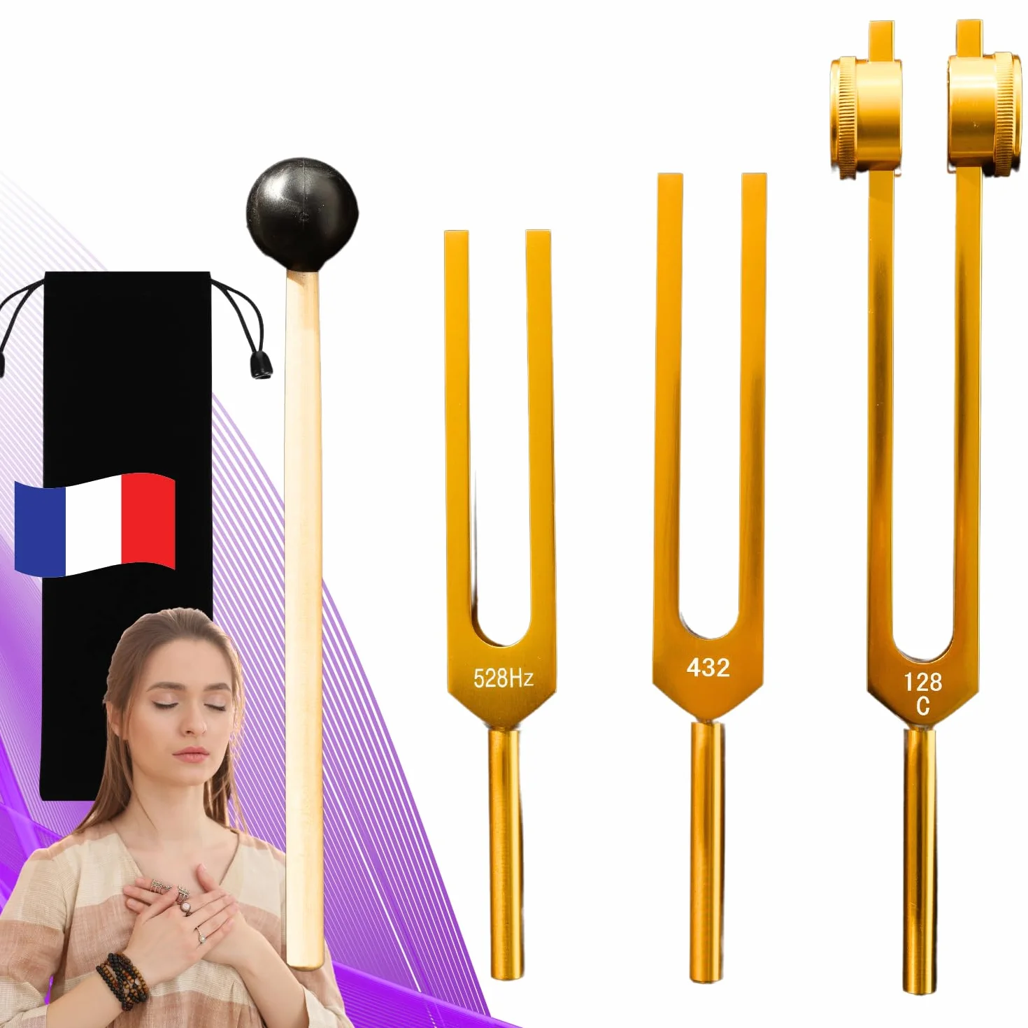 Diapasones terapéuticos 128Hz 432Hz 528Hz Pack 3 Aluminio Dorado
