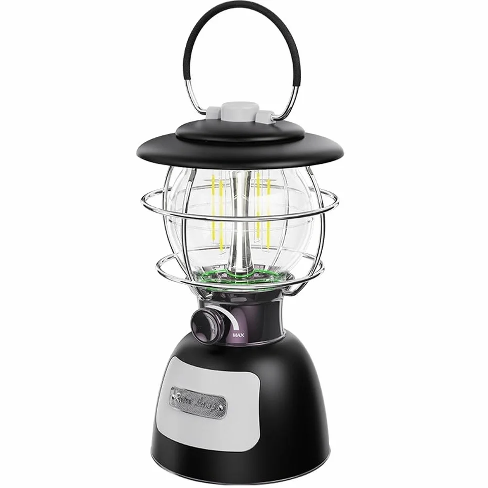 Eawfgtuw Linterna LED de camping con batería de 5200 mAh, luz de tienda regulable para senderismo al aire libre, banco de energía de puerto de carga rápida, lámpara de filamento retro, mango de gancho