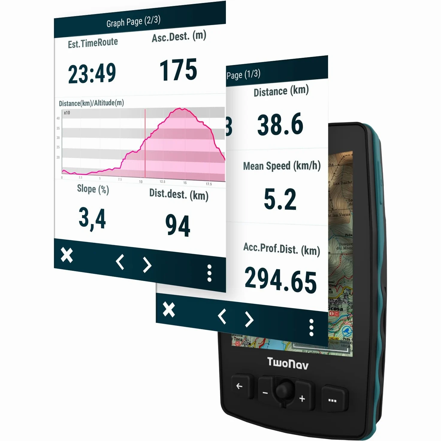 TwoNav Aventura 2 Plus + Mapa España Topo Completo, GPS de Mano con Pantalla Amplia 3.7 Pulgadas, Botones y Joystick para montaña, Alpinismo, Trekking o Senderismo con mapas incluidos. Color Turquesa