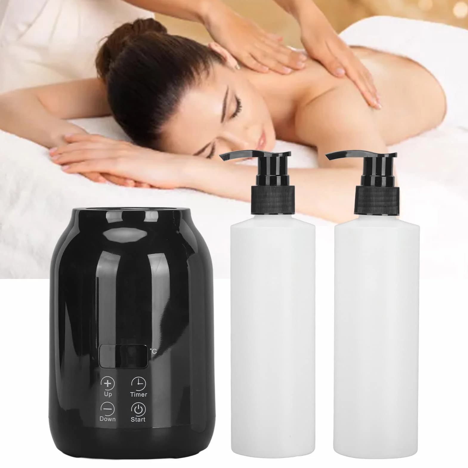 Calentador de Loción con Pantalla LED y Temperatura Ajustable, 2 Botellas de Aceite de Masaje