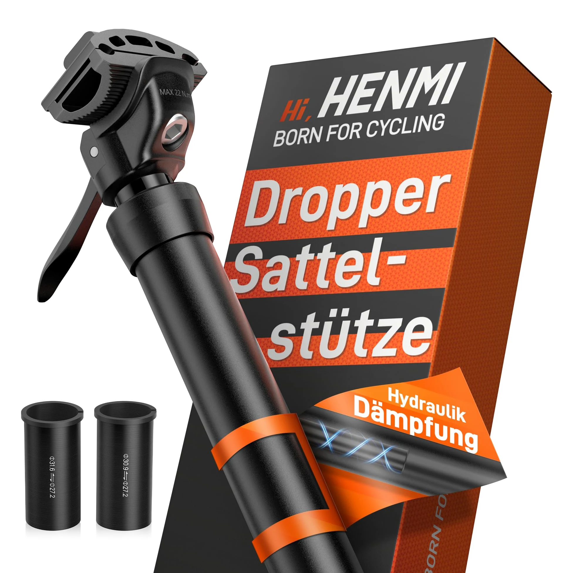 HENMI Tija De Sillín De Bicicleta Dropper Con Altura Ajustable Manual Y Amortiguación Para MTB, Gravel Y E-MTB, Incluye 2 Casquillos Distanciadores Para Diámetros 27,2 Mm, 30,9 Mm Y 31,6 Mm