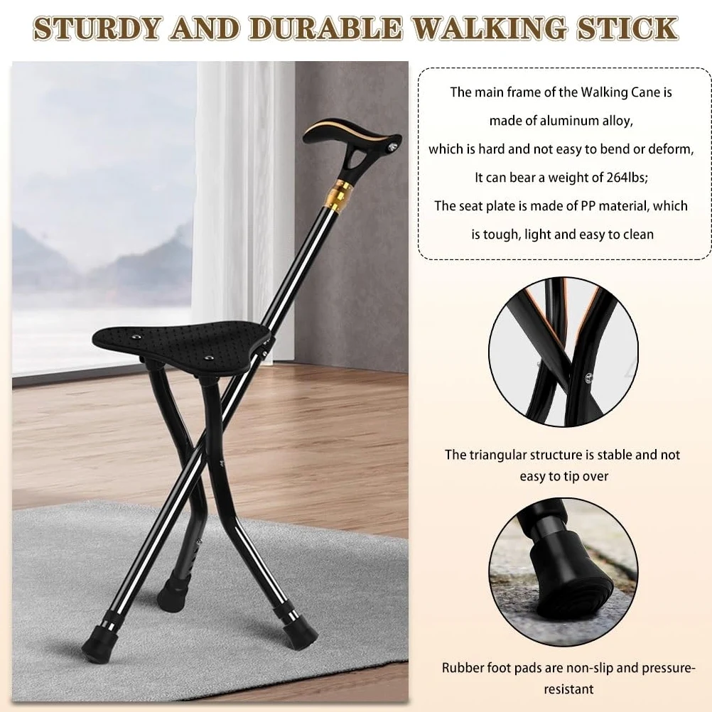 Silla Plegable, Taburete de bastón con luz LED y Alarma, 5 Marchas, Altura: 24 x 80-90 cm, Color Negro